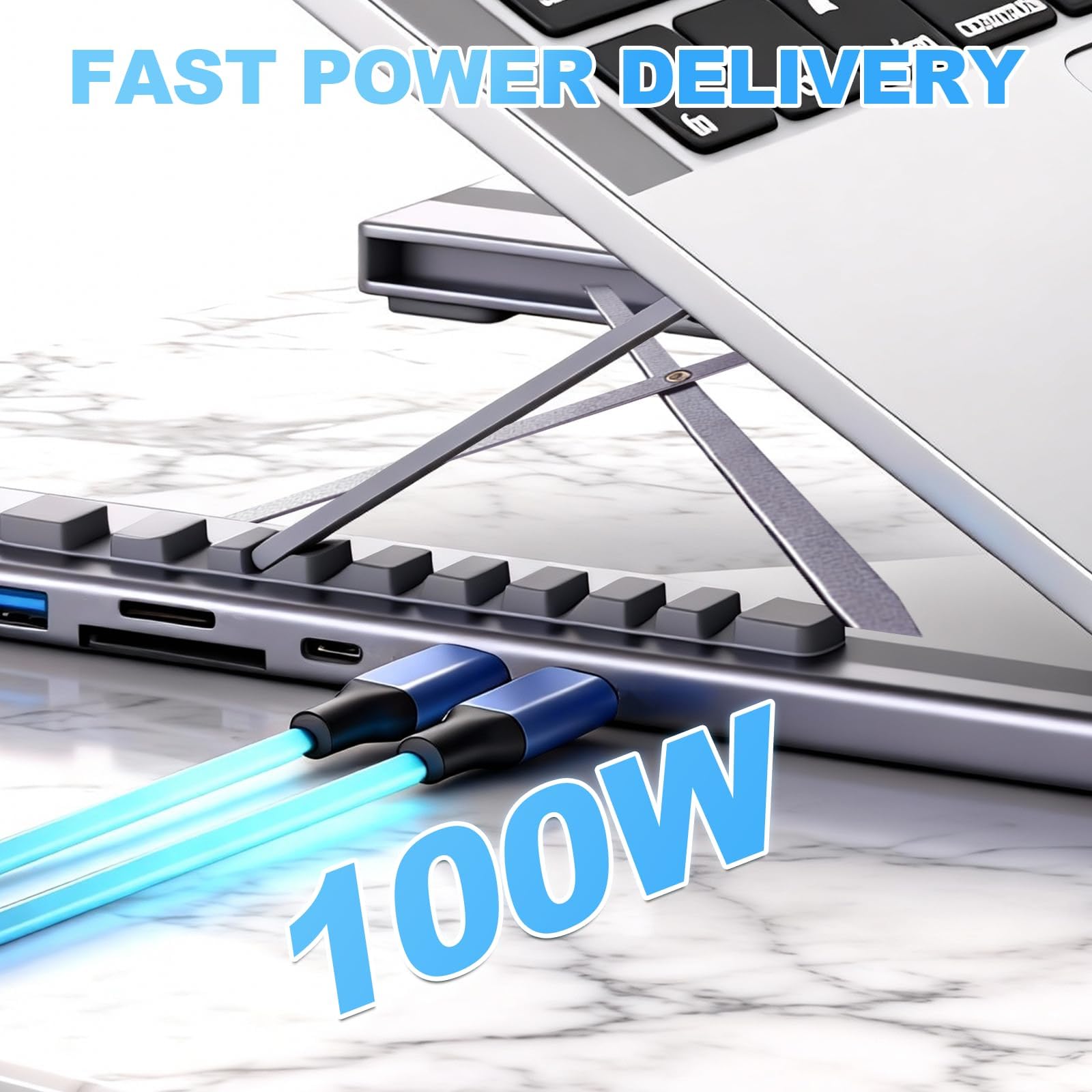 Support pour ordinateur portable 8 en 1 USB-C - En aluminium - Avec station d'accueil USB C 8 en 1 - Double support pliable avec 9 angles réglables - Avec HDMI 4K @ 30 Hz, USB 3.0, PD 100 W - Pour la