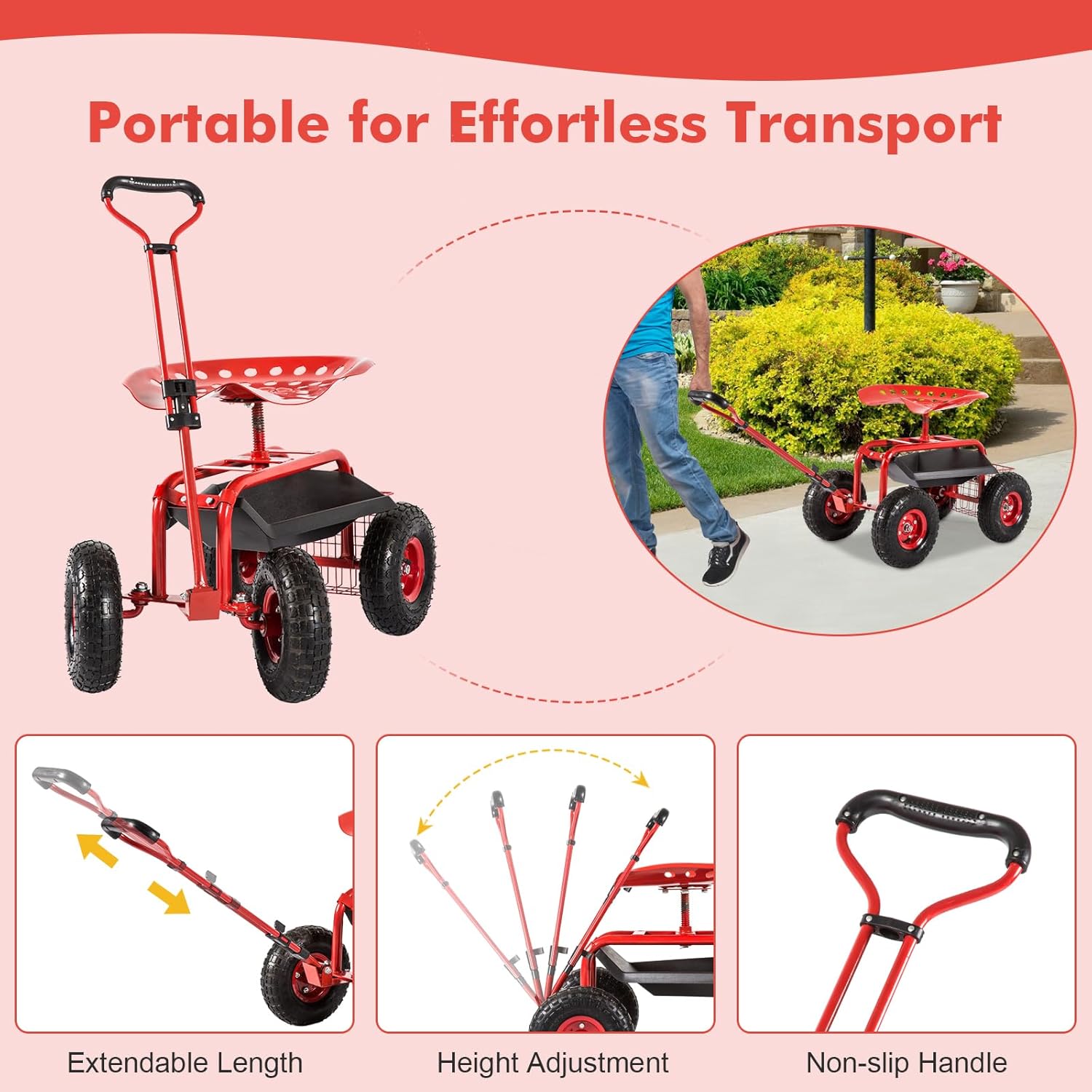 J-Sun-7 Garden Cart with Seat - Steel Rolling Garden Scooter Stool with Wheels, 360 Degree Swivel Work Seat, Adjustable Handle, Tool Tray, Basket, Gardening Stools for Seniors, Red