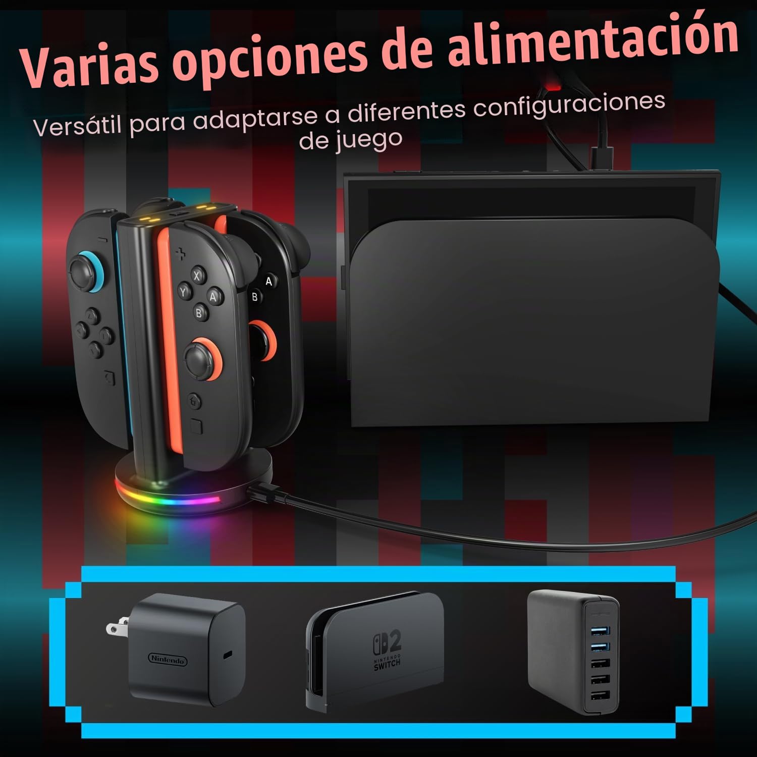 Fosmon Estación de Carga para Mandos Nintendo Switch 2 Joy-con – Carga Rápida 4 en 1 con Iluminación RGB (9 Modos) e Indicador LED – Cargador para Mandos Switch 2