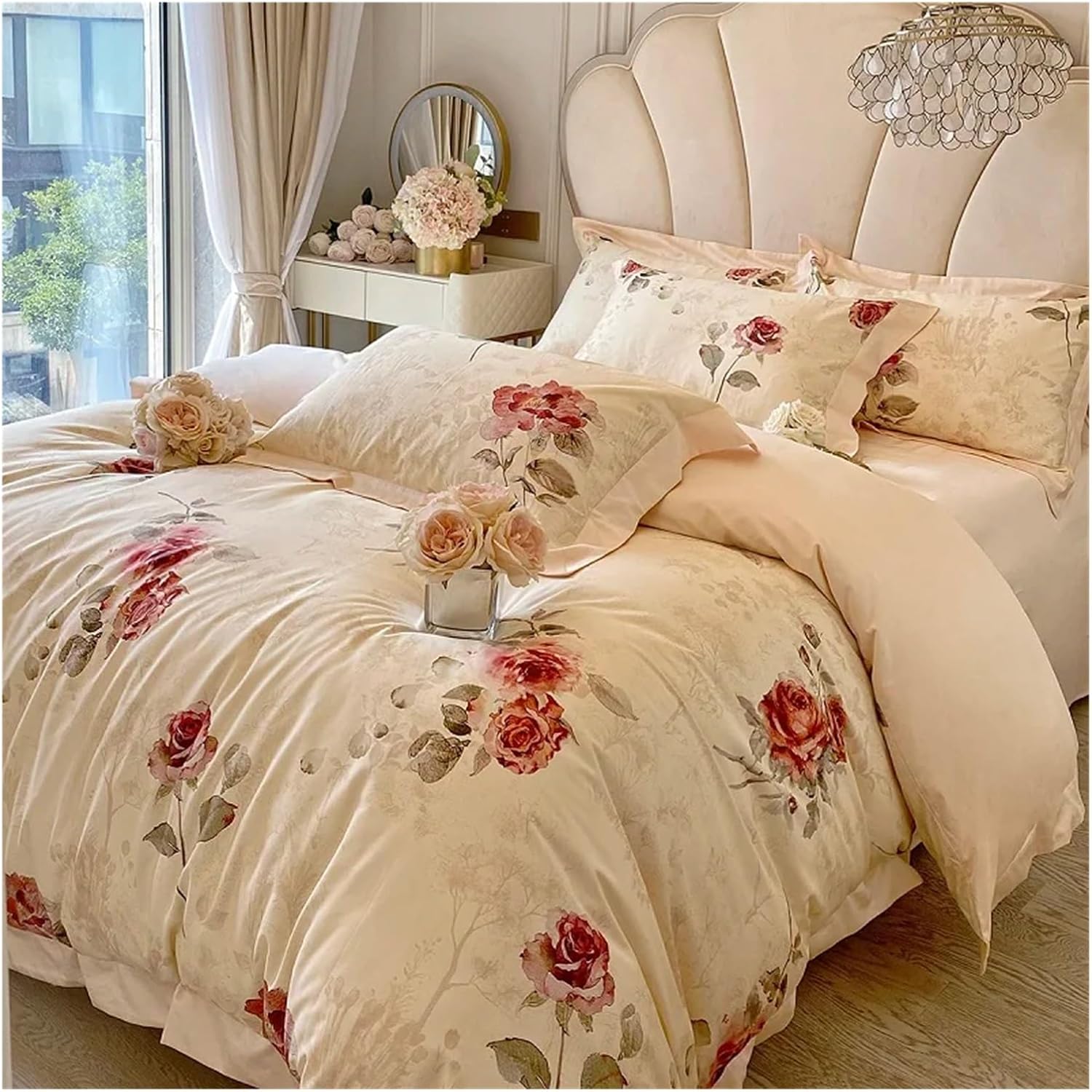 French V-intage Rose Print Bedding Sets 1000TC Egyptian Cotton Soft Silky Flower Pattern Duvet Cover Set Bed Sheets Pillowcases,Bed