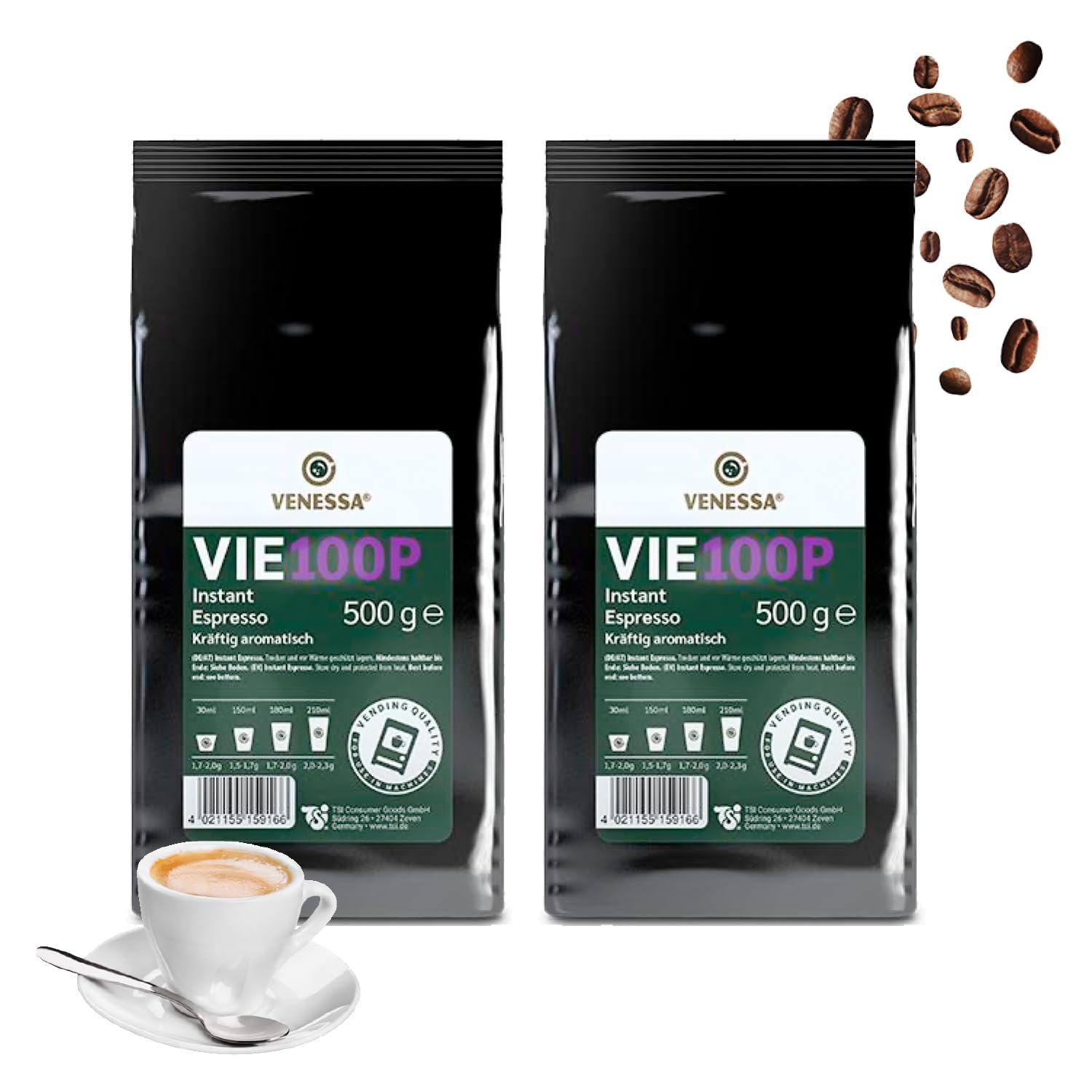 VENESSA VIE 100P 2 x 500 g Premium Instant Espresso do automatów, delikatnie palona kawa w proszku, silnie aromatycznie rozpuszczalna, wysoka wydajność