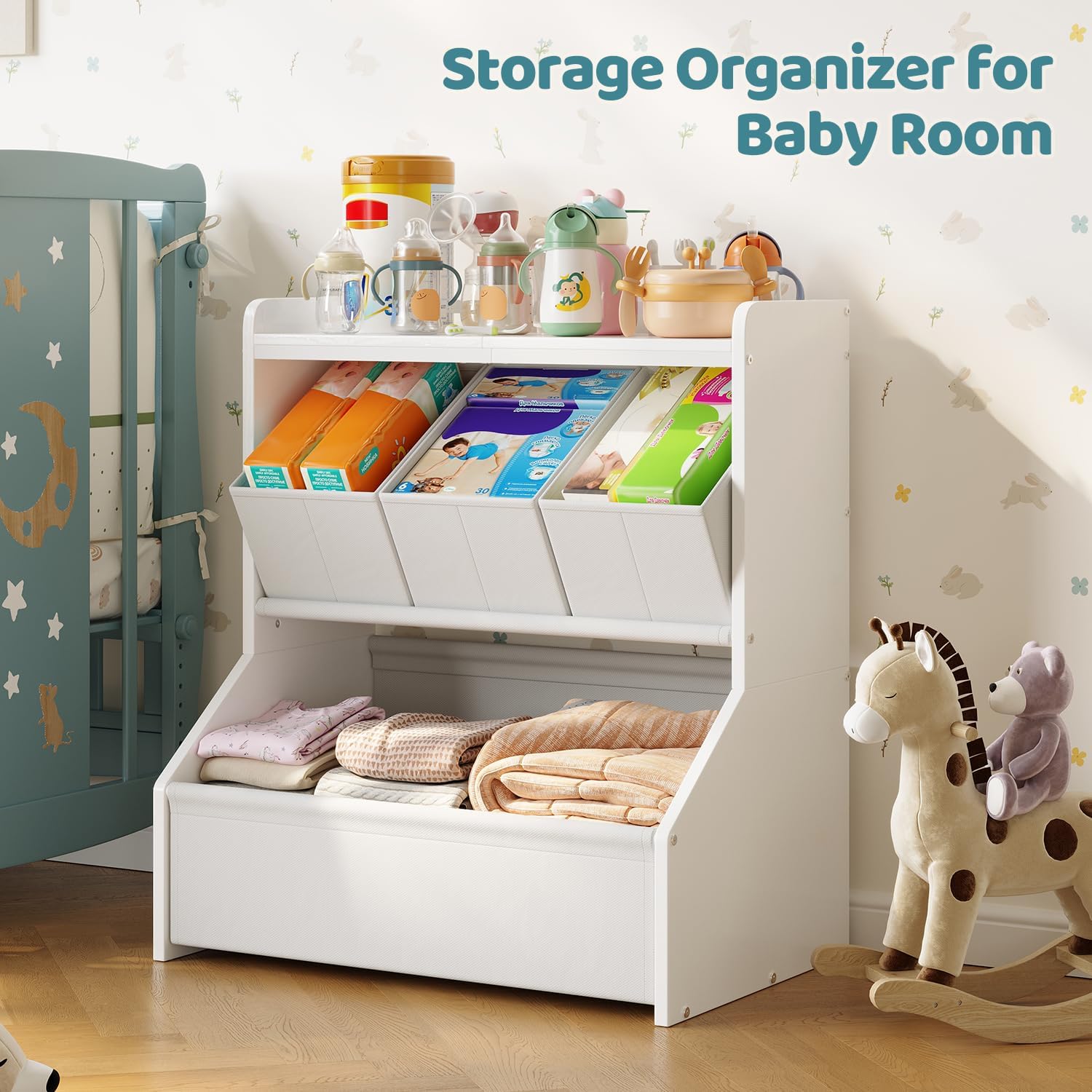 Kids Toy Storage Organizer, 3-Tier Toy Storage Shelf, Narrow Toy Organizer with Removable Bins, Safe Stable Design for Playroom Nursery Living Room, Patent Design