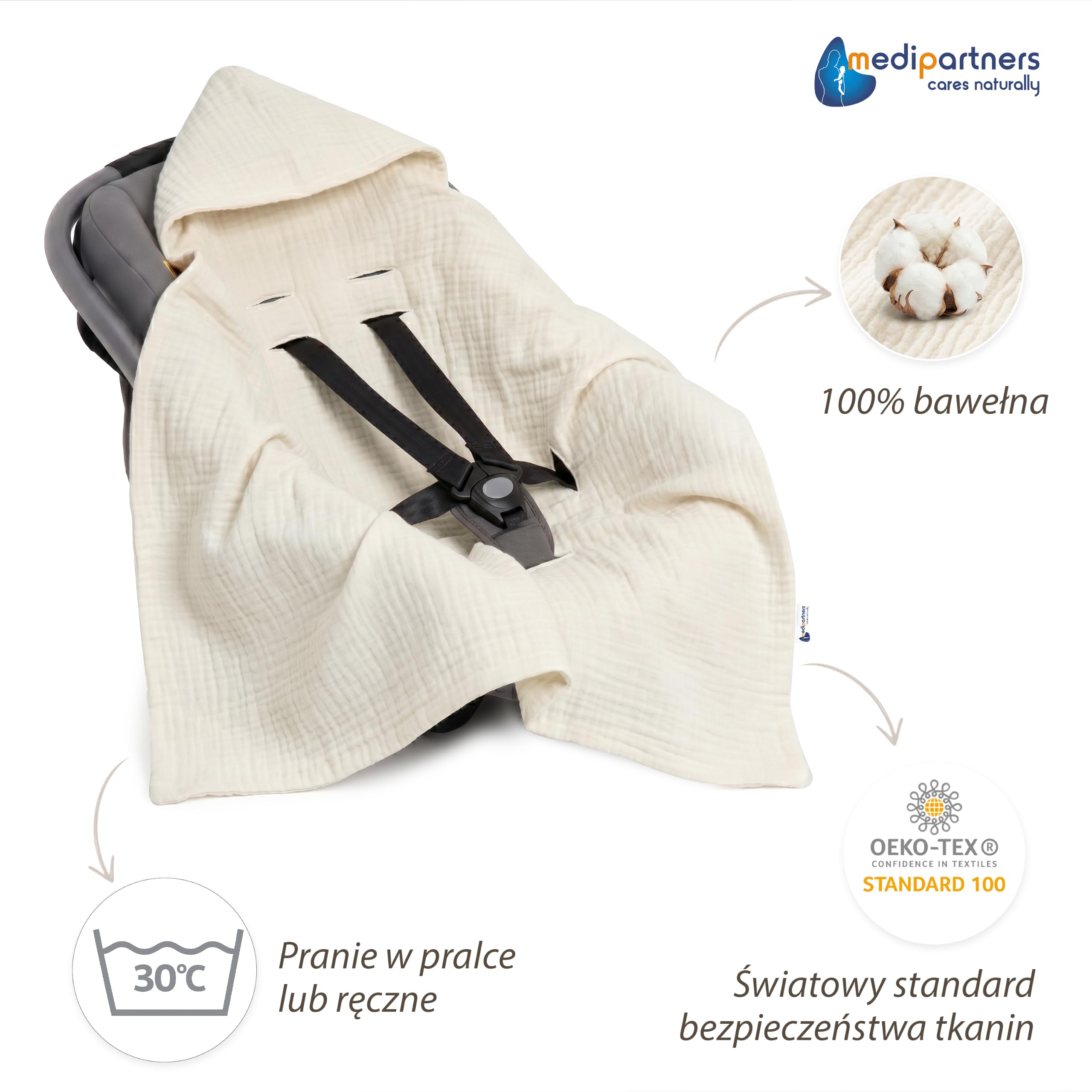 Medi Partners Otulacz z kapturkiem 100% bawełna na lato 85x85 cm kocyk wózka uniwersalny kocyk niemowlęcy kapturek do wózka kocyk do fotelika samochodowego (Beż)