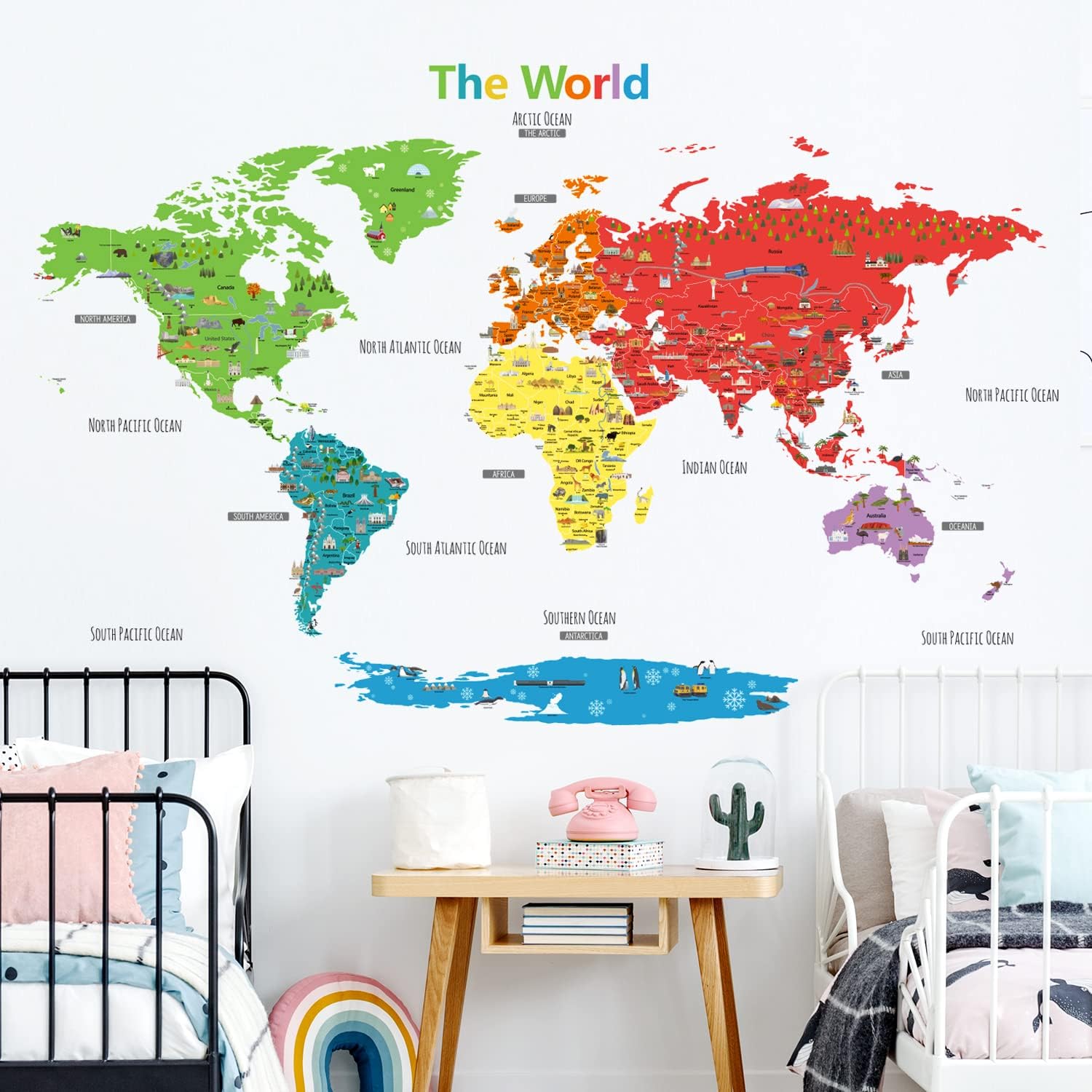 Large Landmark World Map Wall Stickers Wall Decals Peel and Stick Removable Wall Stickers for Kids Nursery Bedroom Living Room décor, 109x158.6 cm