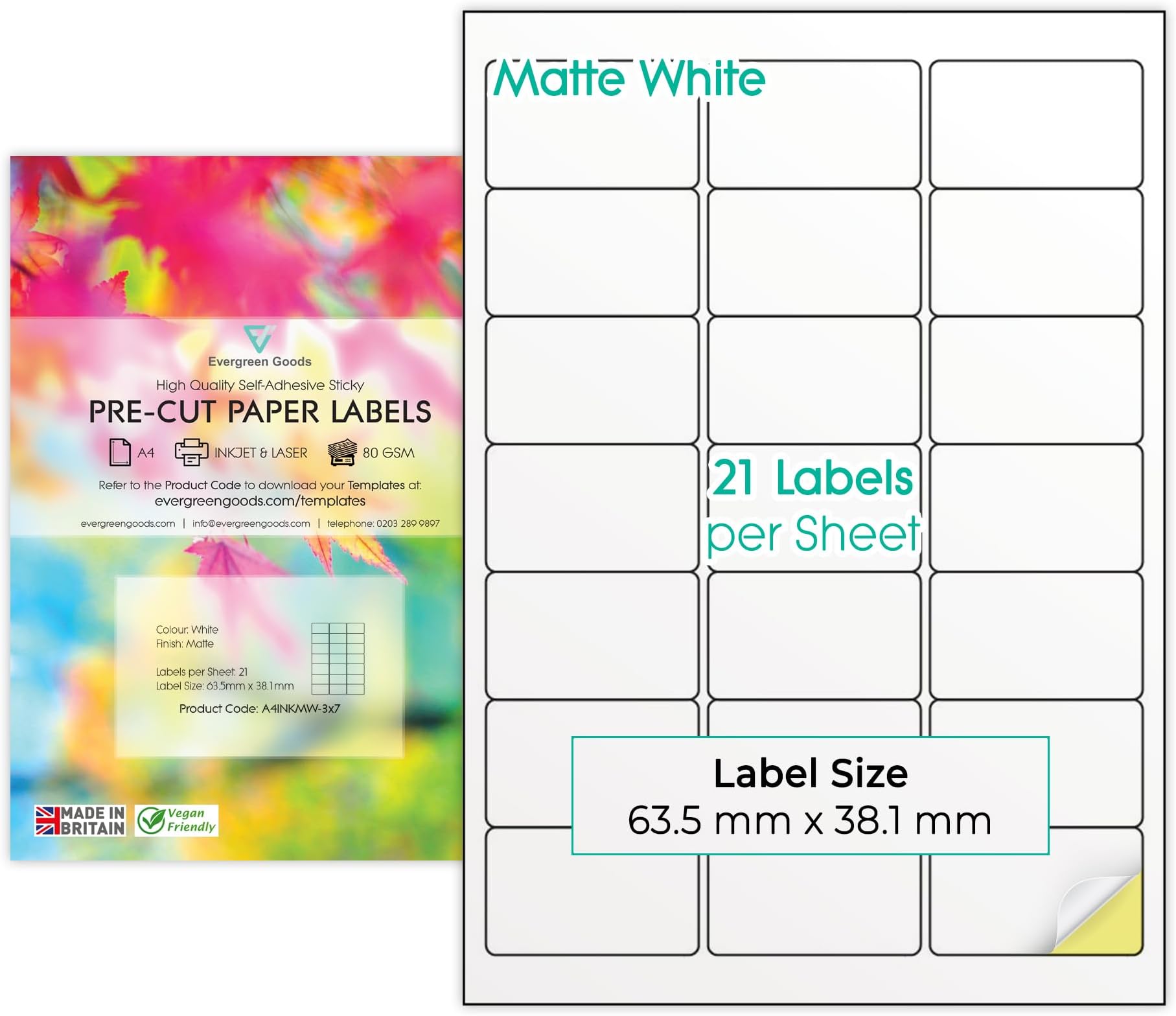Evergreen Goods A4 Precut Multi Sticker Labels Matte White | 3x7, 21 per Sheet: 1,050 Labels in Total, 50 Sheets | Inkjet & Laser Printable | Sticky-Back Self Adhesive Multi-Purpose Printing Paper
