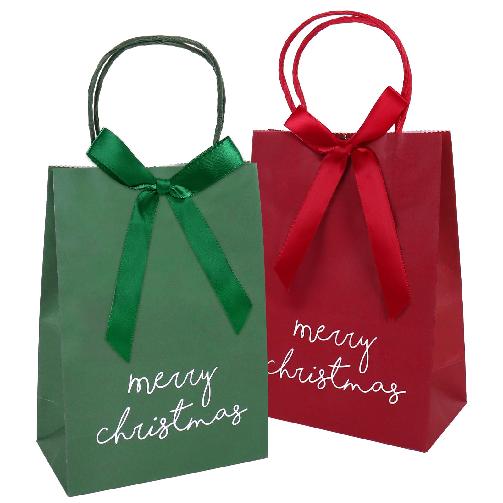 JarThenaAMCS 48 x Frohe Weihnachten Kraftpapiertüten mit Schleife, grün und rot, Leckerlibeutel mit Griffen, Süßigkeitenbeutel für den Winter, Weihnachten, Partyzubehör