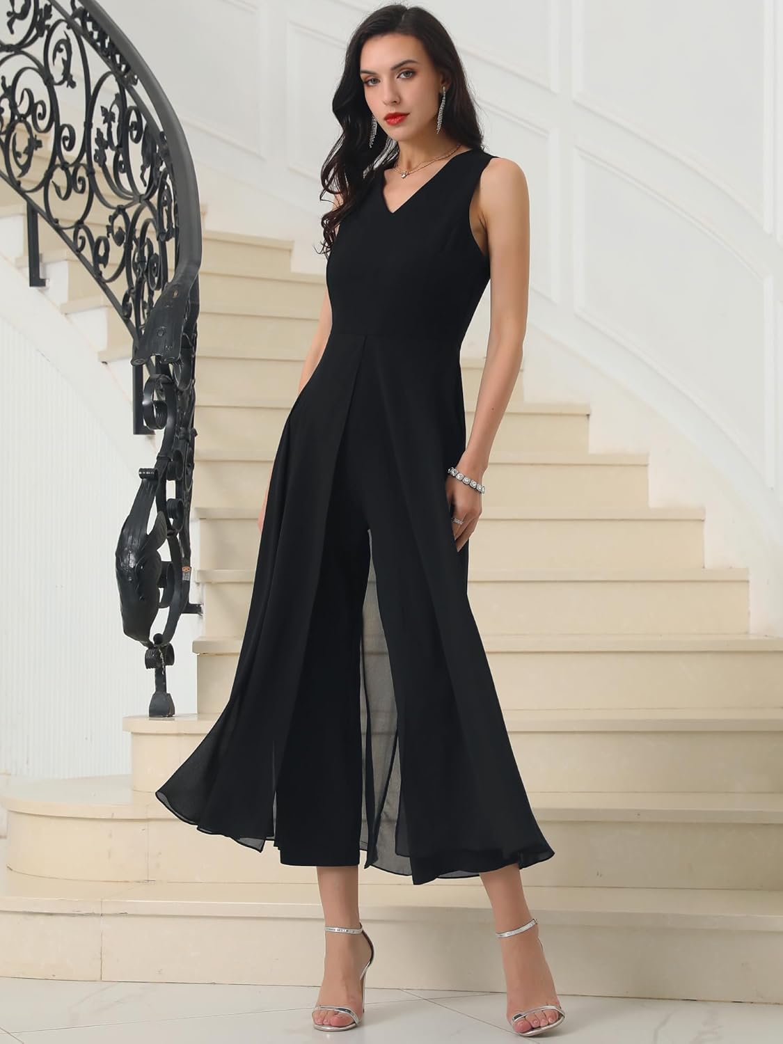 Women's Wide Leg Jumpsuits Chiffon Sleeveless Cocktail Formal Jumpsuit Pants for Dressy - Image 2