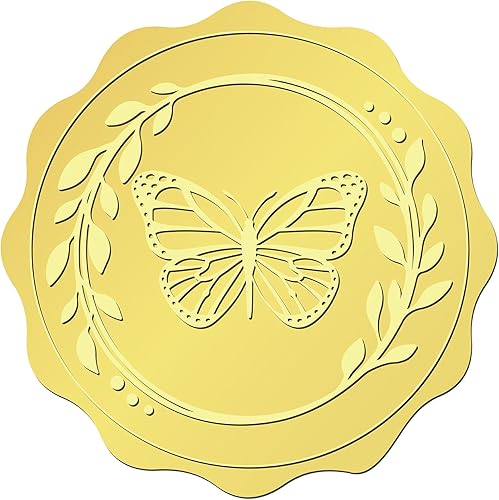 CRASPIRE 408 calcomanías de oro de mariposa para certificados, sellos en relieve, sobres autoadhesivos vintage de 2 pulgadas, etiquetas adhesivas