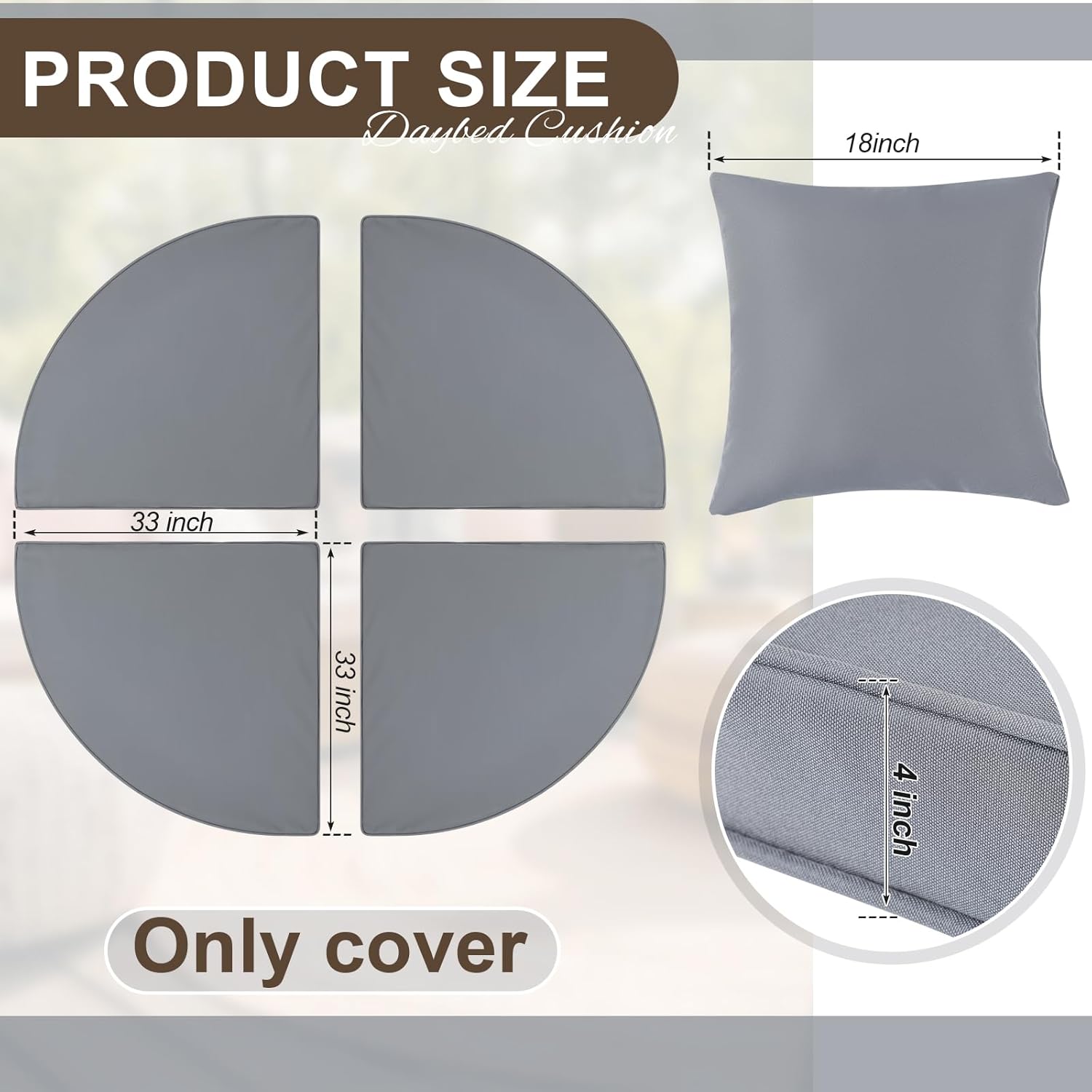 66" Round Outdoor Daybed Cushion Cover Set, 8 Pcs Patio Daybed Cushion Covers with Pillow Covers, Fan Shaped Replacement Slipcovers for Patio Garden Furniture(Dark Gray)