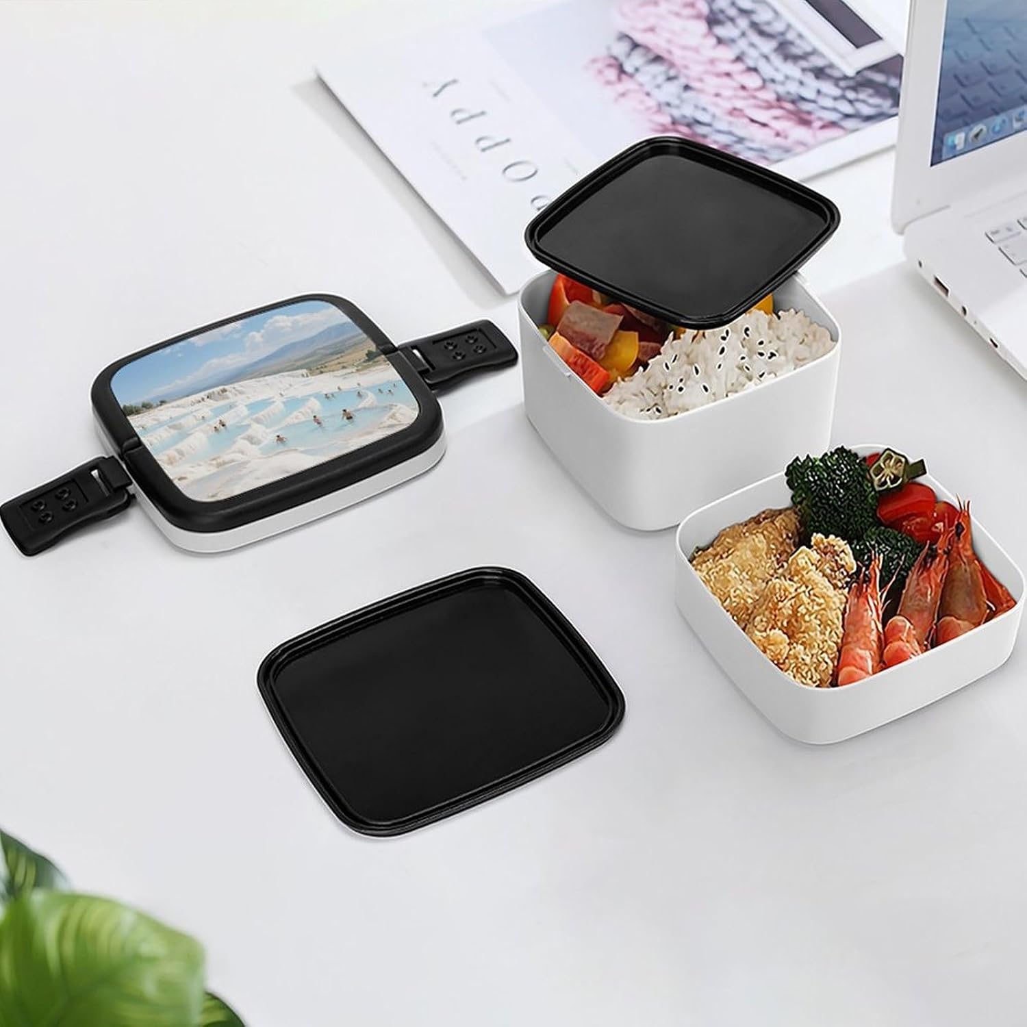 Pamukkale Hot Spring Terraces Bento Box Double Layer Lunch Box for Adults with Spoon And Handle Bento Boxes Leakproof One-piece Stackable Lunchbox for Work Picnics And Travel