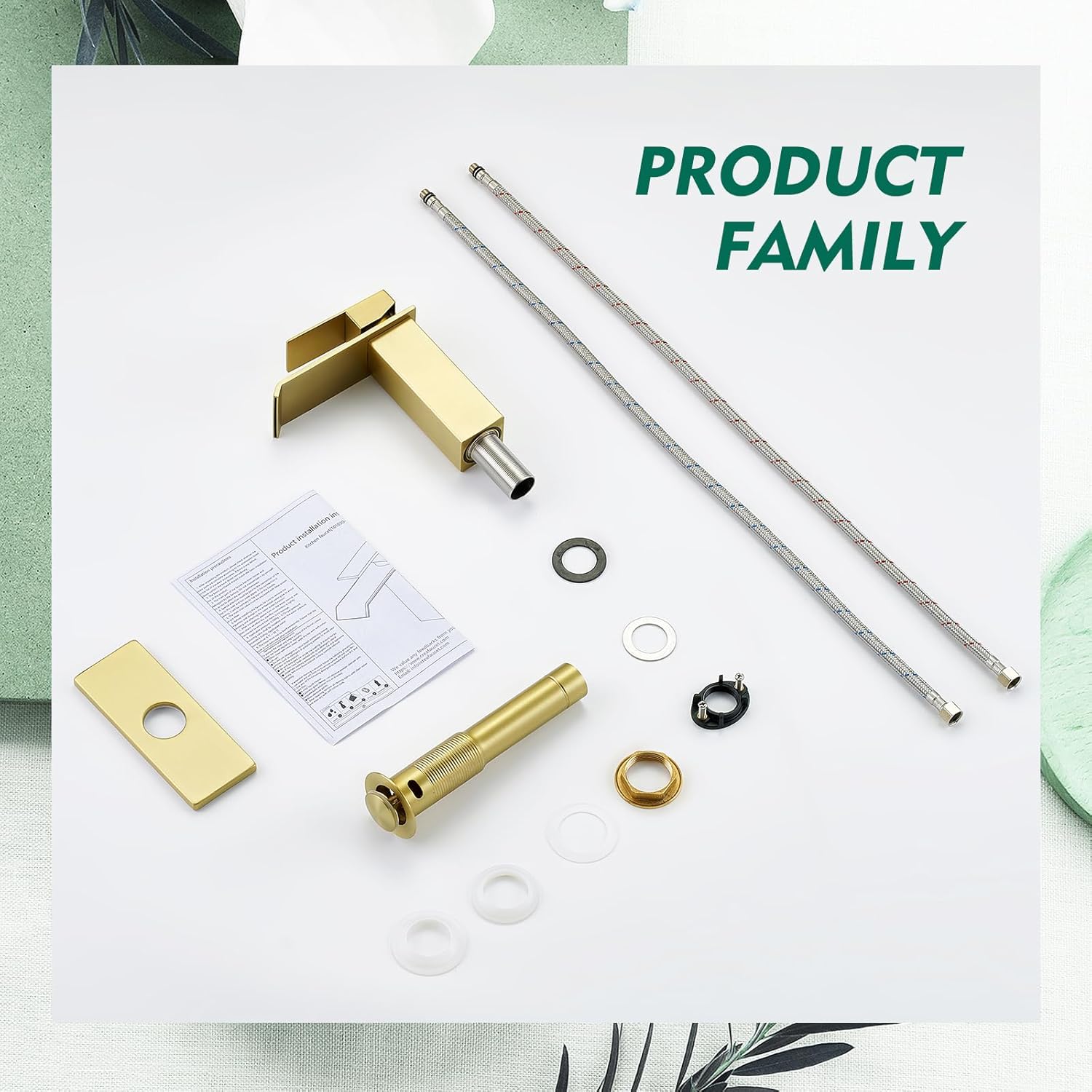 CREA Brushed Gold Bathroom Faucet 1 Hole,Gold Waterfall Bathroom Faucet Single Handle Bathroom Sink Faucet with Drain Stopper/ 3 Hole Deck Plate,RV Basin Vanity Faucet,Stainless Steel