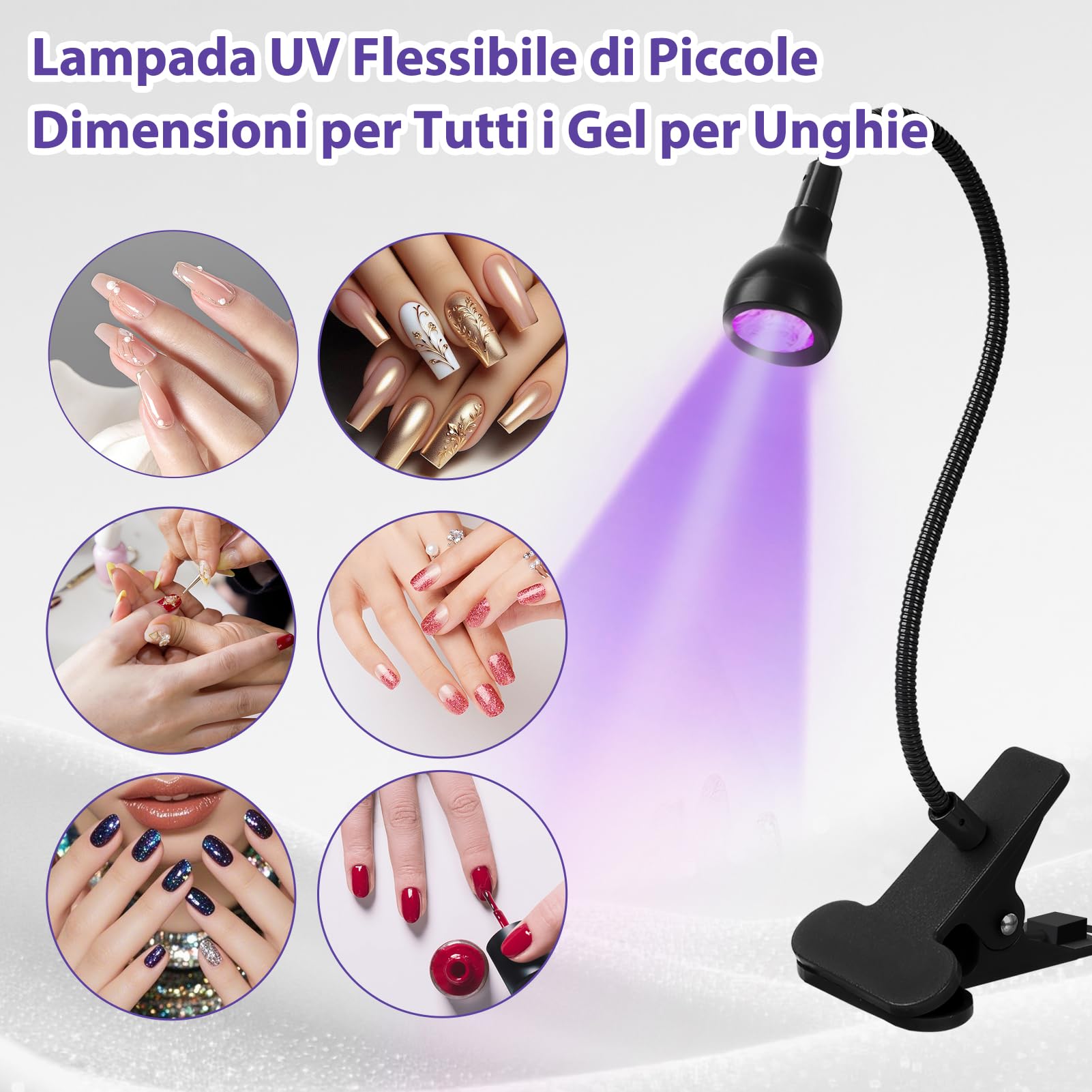 Lampada UV LED Unghie, 5W Mini Lampada Unghie, Portatile Lampada UV con Clip, 360° Testa Regolabile, Regolabile per Gel, Resina e Colla UV, con USB (Nero)
