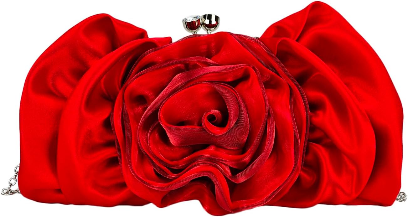 Women's 3D Rose Flower Evening Bags Satin Clutch Purse Floral Wedding Bag Chain Crossbody Shoulder Handbags