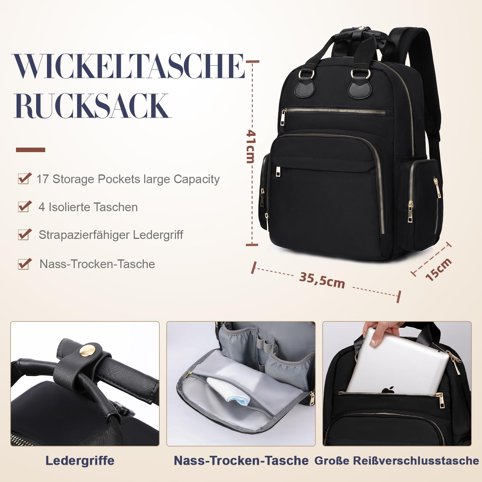 MISS FONG Wickelrucksack Wickeltasche Rucksack,Groß Babytasche Multifunktion Mama Rucksack Baby tasche mit 17 Wickeltasche Organizer, Wickelunterlage, Kinderwagen Haken für Mommy,Schwarz