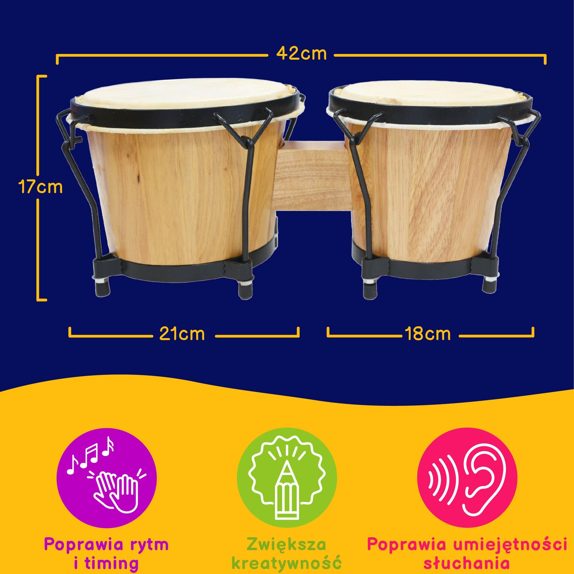 A-Star Zestaw perkusji Bongo 7" i 8" - lite drewno z naciągami z naturalnej skóry i kluczem do strojenia