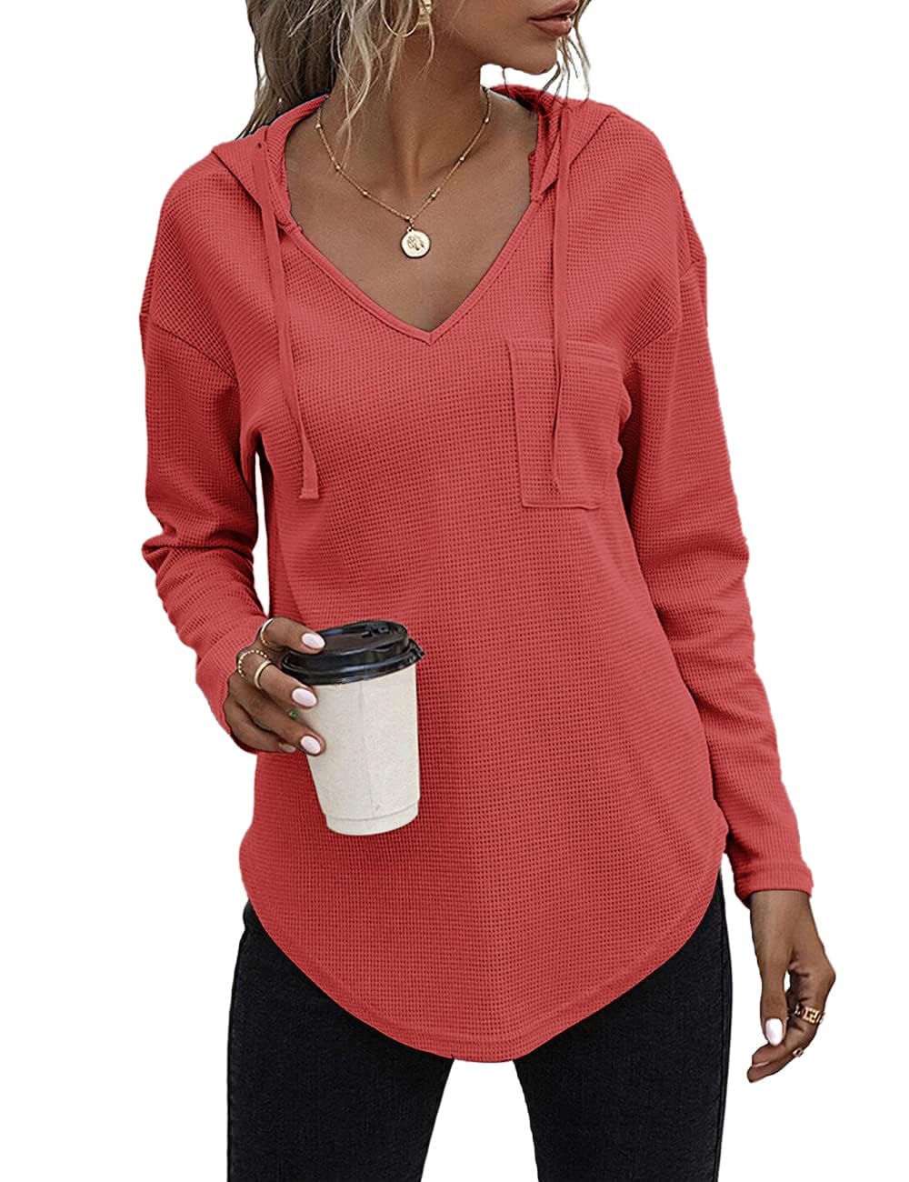 Cuptacc Felpa Donna con Cappuccio 2024 Maglione Scollo A V Autunno Maglia Manica Lunga Camicia Elegante