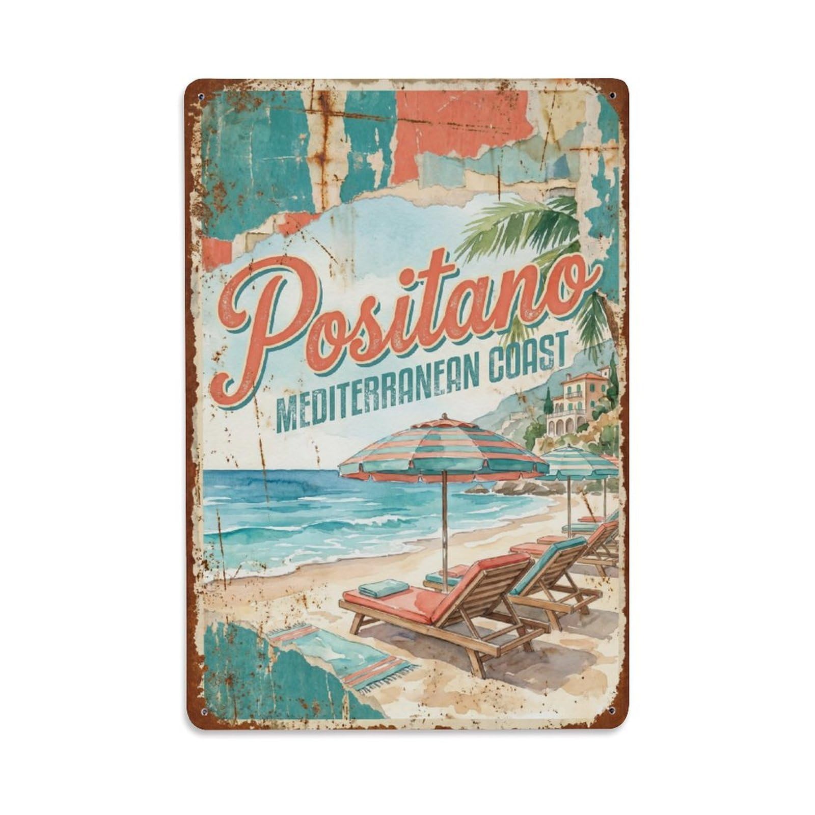 Vintage Travel Positano Italy Teal Metal Tin Sign