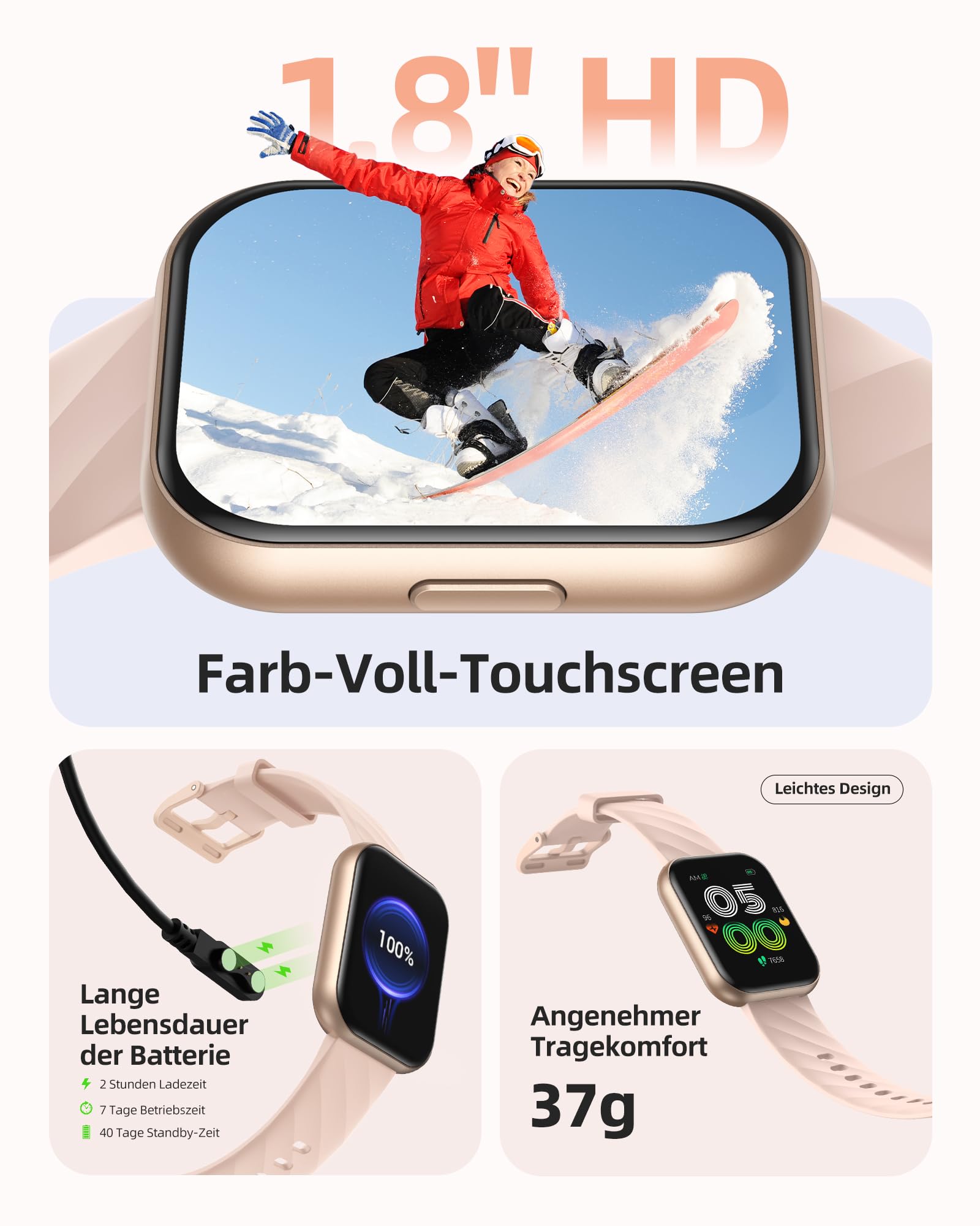 Parsonver Smartwatch Damen 5ATM Wasserdicht Sportuhr Schwimmen 1,8" HD Fitnessuhr 100+ Sportmodi Herzfrequenz Schlaftracking Android iOS Roségold FF2