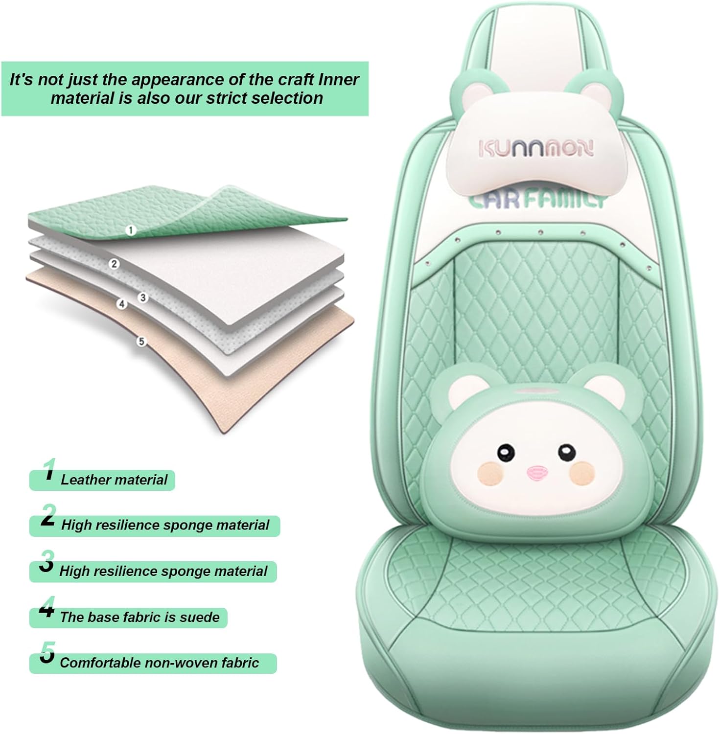 JinlinKar Cute Cartoon Bear car seat Cover 5 Set with Waterproof PU Leather for Cars SUV Pick-up Truck Universal Fit Set (Green)