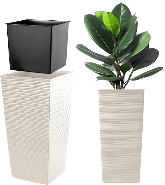 KADAX Macetero Alto de Diseño Moderno para Plantas de Interior y Exterior, Maceta Grande de Plástico, Jardinera Alta (Crema, Texturizado, 68 cm) - 1