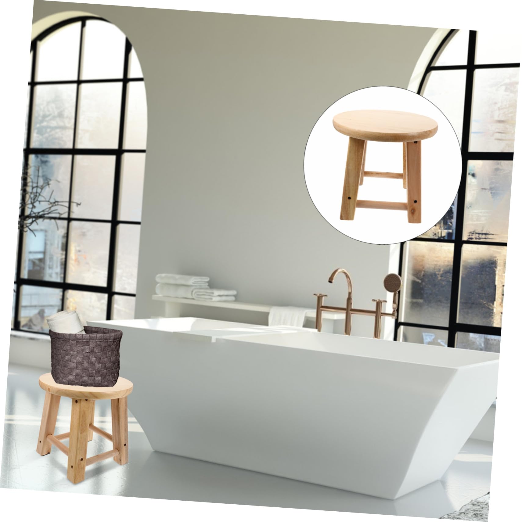 Taburete pequeño de madera para baño, mini asiento antideslizante con patas estables, taburete multiusos de madera maciza para cambiar zapatos, fácil de limpiar, resistente y diseño para uso doméstico