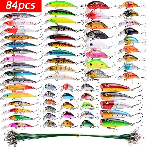 Miniatura 9 de Aorace Kit de señuelos de pesca mixtos que incluye cebos de manivela con anzuelos para agua salada, trucha, lubina, salmón