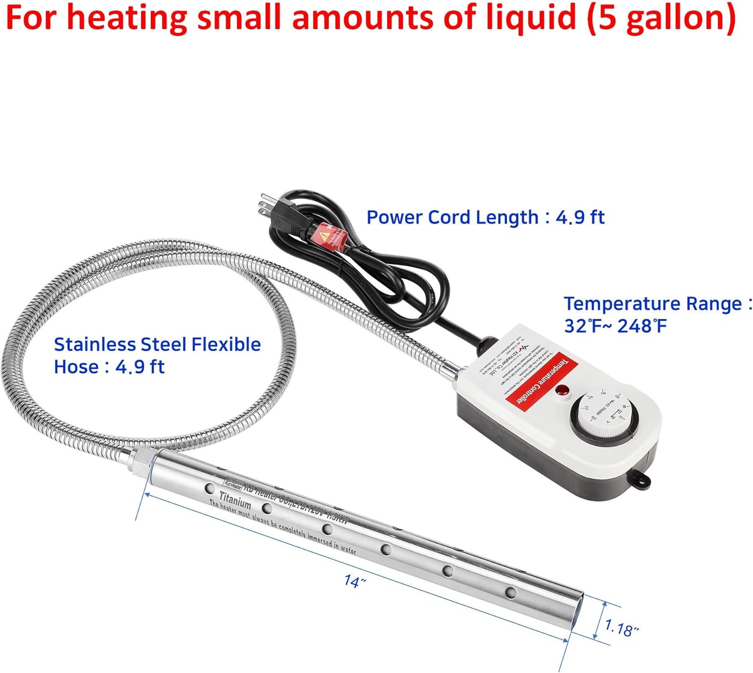 1300W Titanium Fully Submersible Portable Electric Immersion Water Heater, 100% Waterproof, Built-in Thermostat, Auto shutoff, Overheating Prevention, Bucket Water Heater, Easy and Convenient to Use - - 