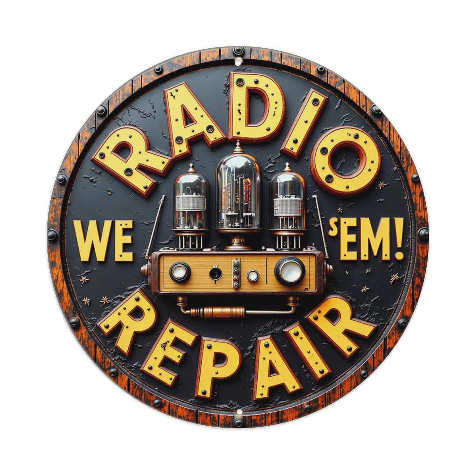 Radio We Repair Them Retro Metal Sign Round Tin Sign, Vintage Decor Art Poster for Bar, Home, Man Cave, Kitchen, Laundry Room Gift 8x8Inch