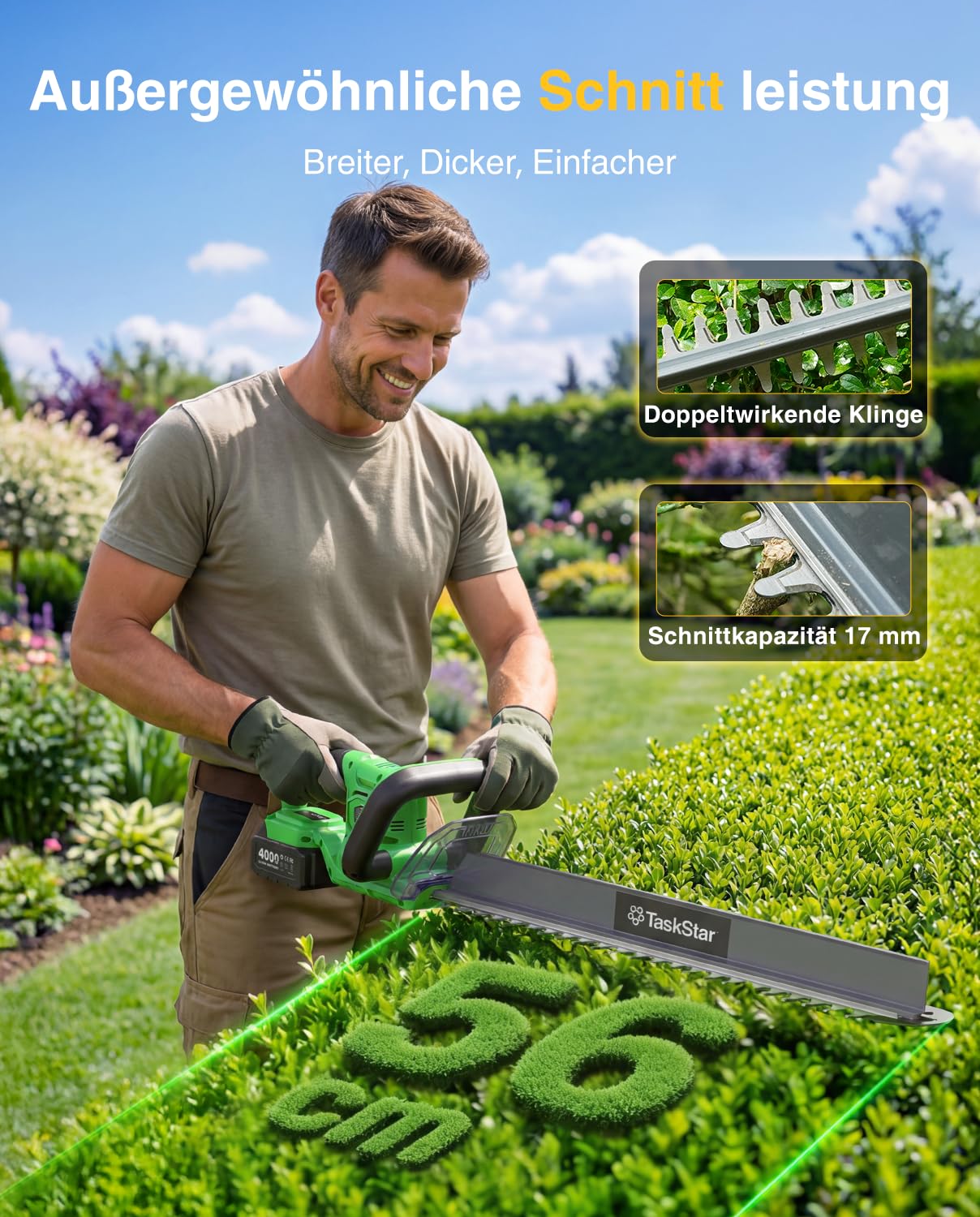 TaskStar Cortasetos a Batería 56CM: Cortasetos Eléctrico con Mango Giratorio, Recogedor de Ramas, 2 Baterías Recargables de 4.0Ah, Cuchilla de Doble Acción, Cortasetos para Jardín y Arbustos