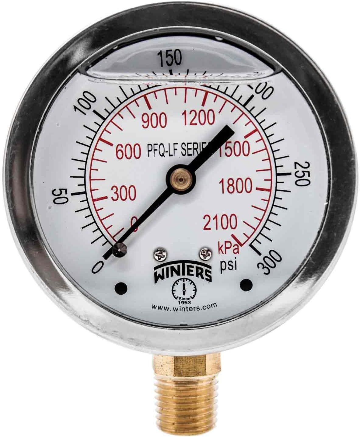 Winters 2-1/2" Dial Size, Liquid Filled Pressure Gauge, Potable Brass Internals, 304 Stainless Steel Case, Dual Scale 0-300 psi/kPa, 1.5% Acc, 1/4" NPT Bottom Mount, Drinking Water Pressure Gauge