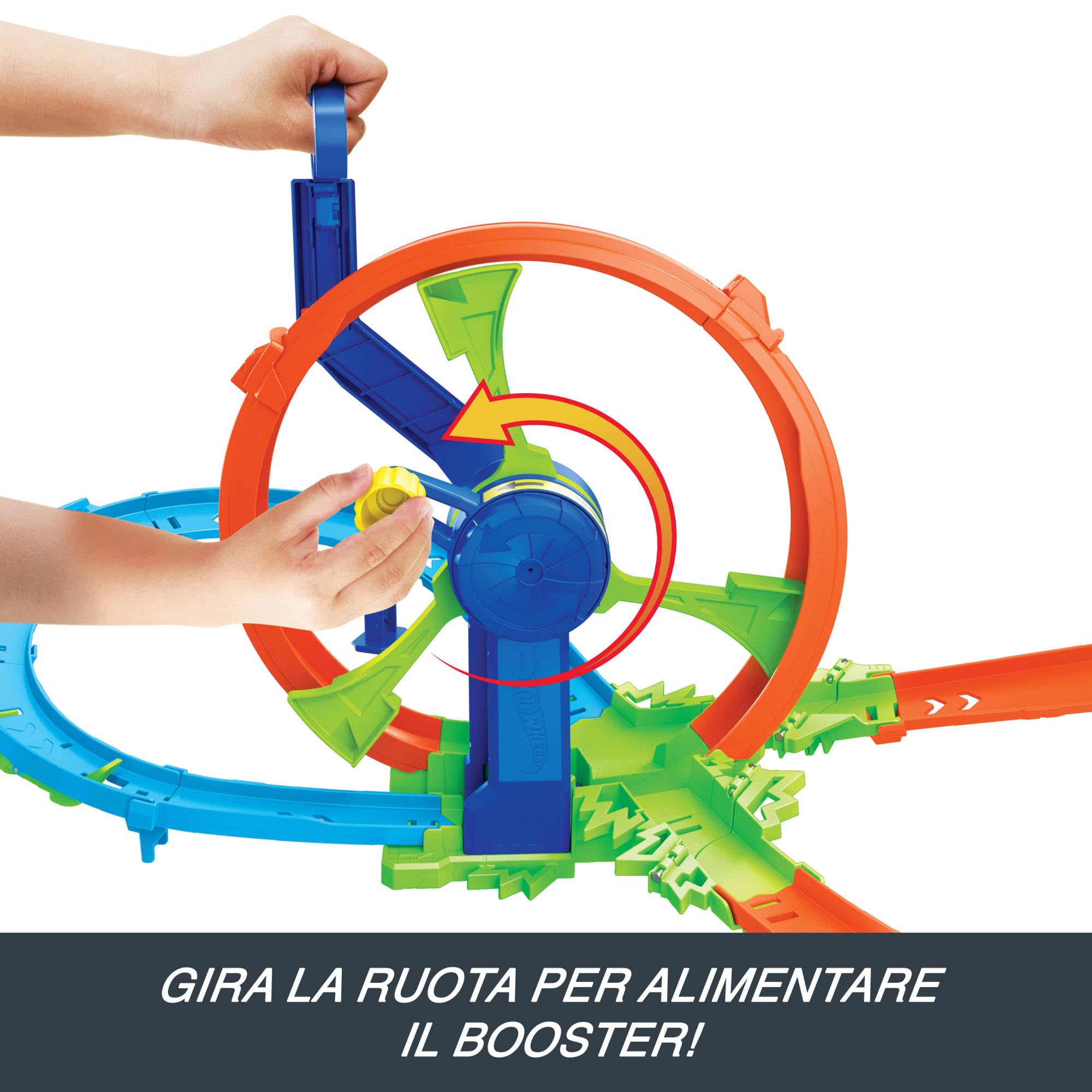 Hot Wheels - Pista Loop Rotante, playset con zona scontro su pista a forma di 8 e loop a propulsione, include una macchinina in scala 1:64, giocattolo per bambini, 3+ anni, JBX65