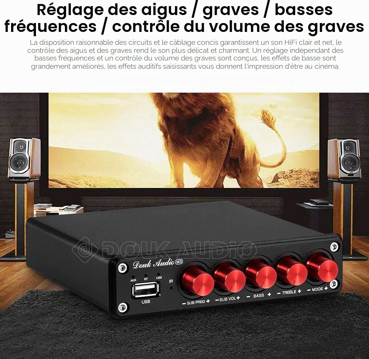 Douk Audio M3 Amplificateur audio stéréo Bluetooth 5.0 2.1 canaux Mini amplificateur Hi-Fi Classe D avec 50 W x 2 + 100 W pour la maison et l'extérieur Haut-parleur passif et caisson de basses actif