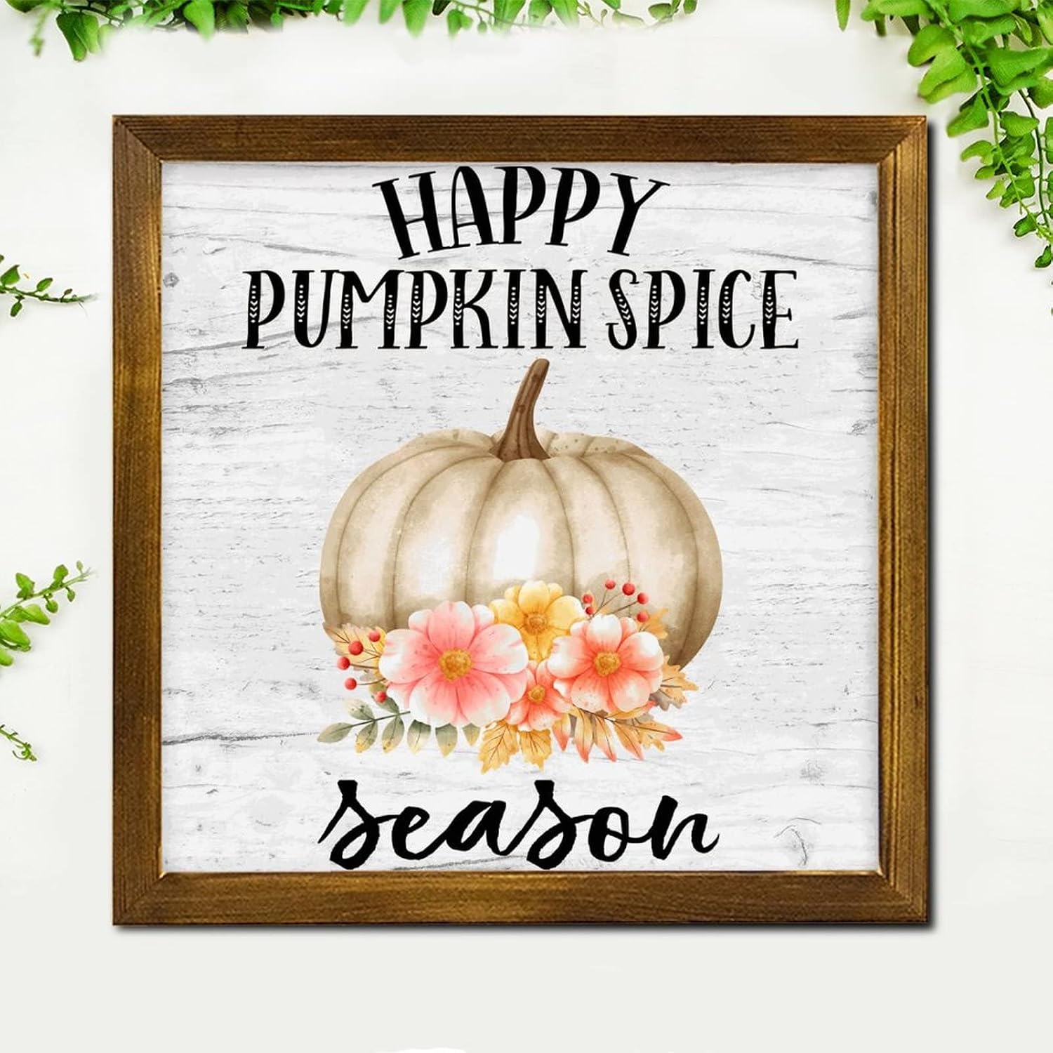 Happy Pumpkin Spice Season Wooden Framed Signs Sunflower Maple Leaves Hanging Wood Sign Retro Autumn Harvest Wall Art Decor for Home Room Office Garden Kitchen 12x12 inch