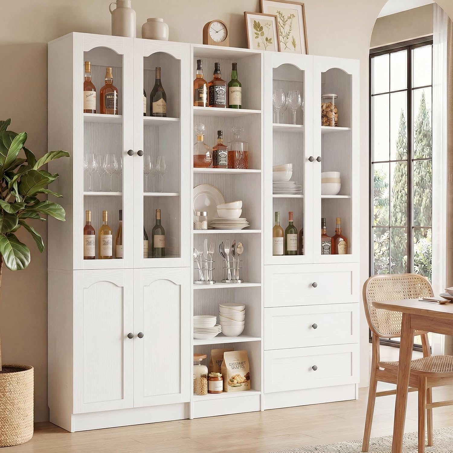 Cyclysio 80" Tall 3-Piece Pantry Cabinet Set, Large Kitchen Storage Cabinet with Arched Glass Doors, 3 Drawers & Open Shelving, Flush-to-Wall Bookshelf with Baseboard Cutout for Living Room, White