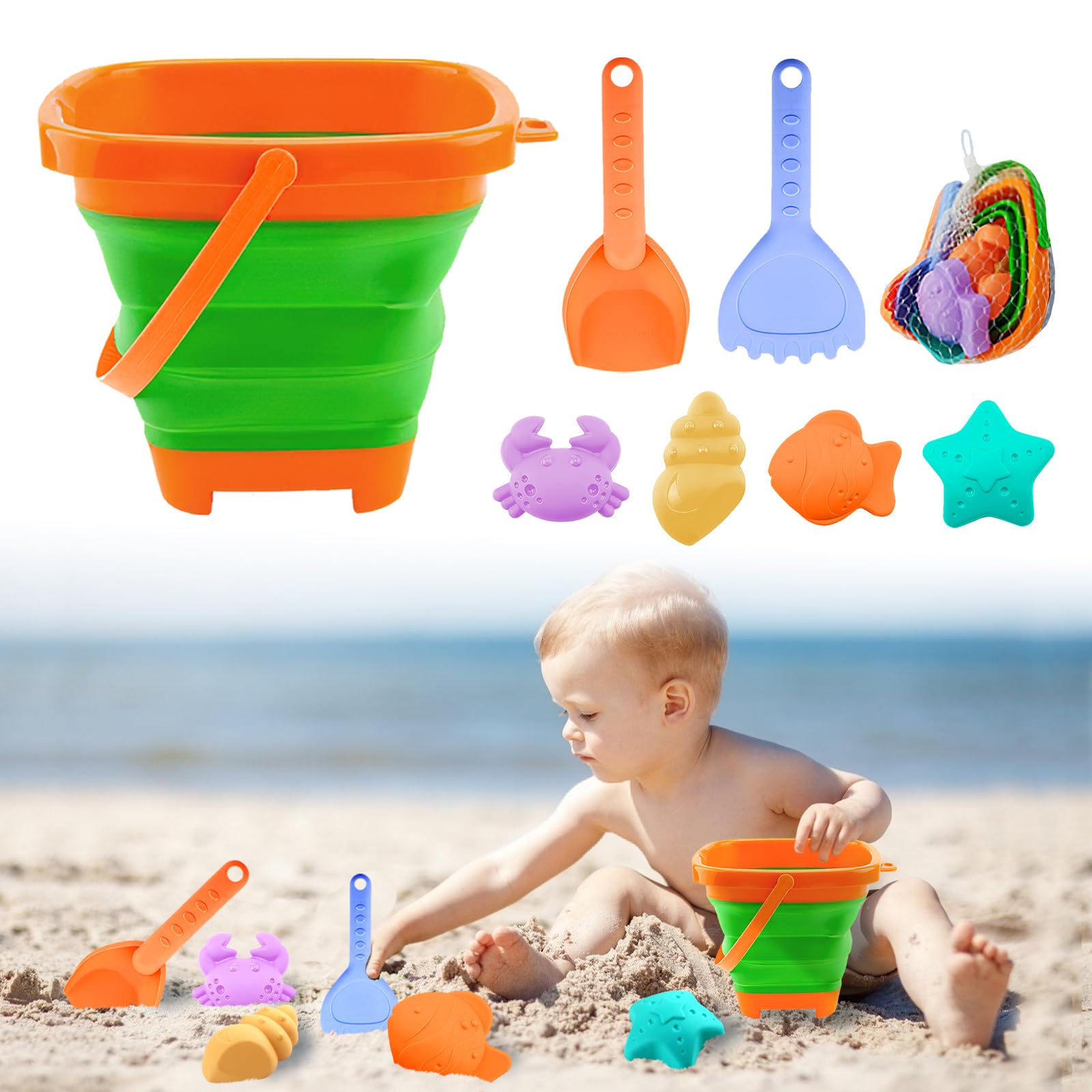 12 Pezzi Giochi Spiaggia Bambini Con Secchiello Pieghevole | Set Sabbia E Secchio Morbido Per Estate E Vacanze