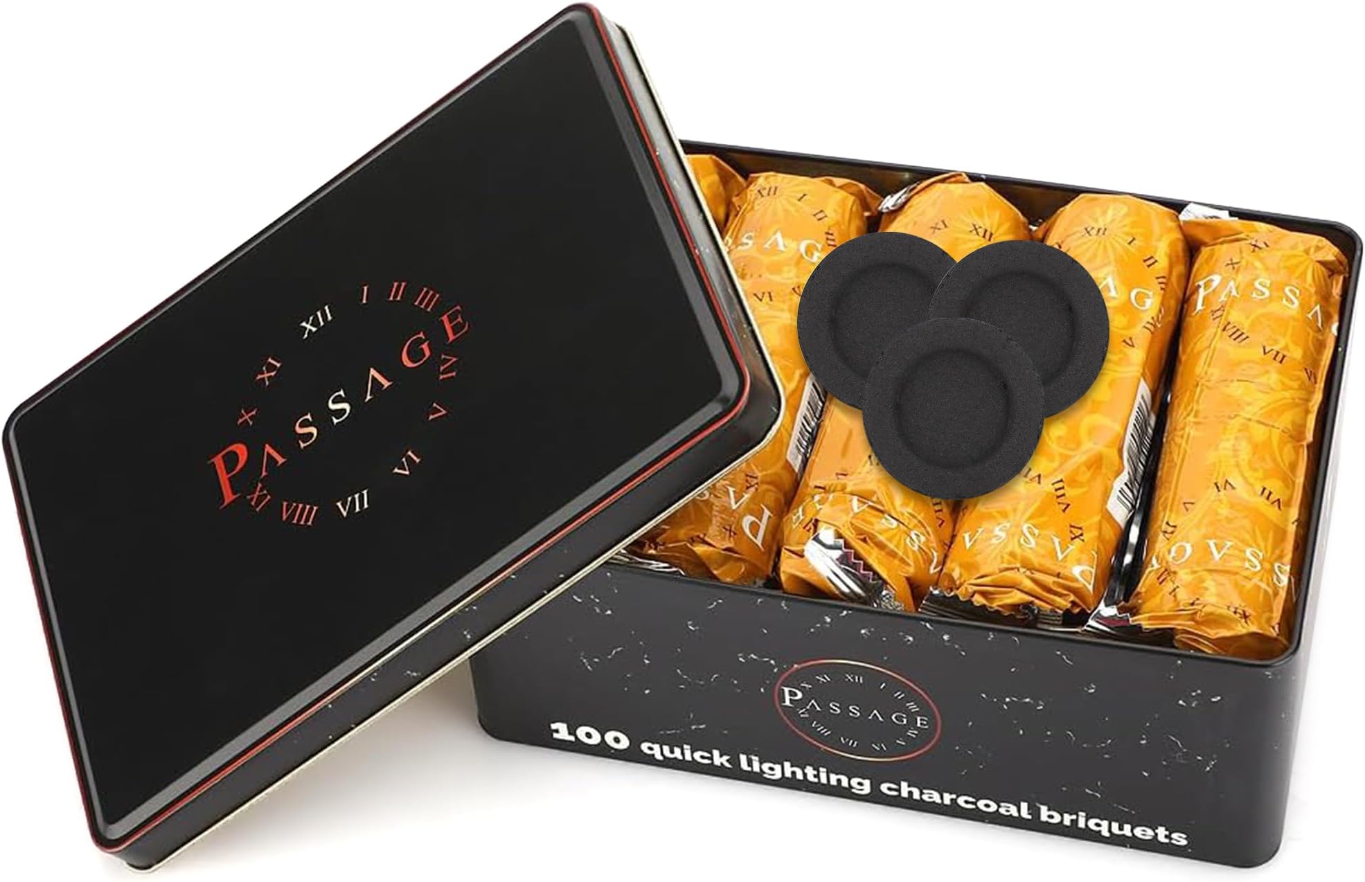 PASSAGE Charcoal Premium Bakhoor/Oud Quick Lighting Medium Briquets | Metal Box | 100 Pieces | SIZE 33mm | BURNING TIME 45 MINUTEs | Ideal for Incense/Oud | Best For Living Rooms & Bed Rooms