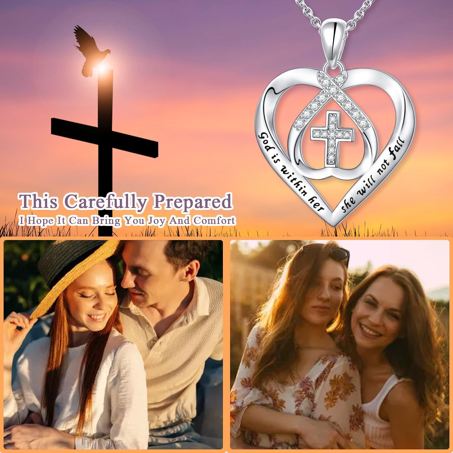 DAOCHONG S925 Sterling Silver Christian Cross Heart Inspirational Faith Bible Verse Necklace for Women Teen Jewelry