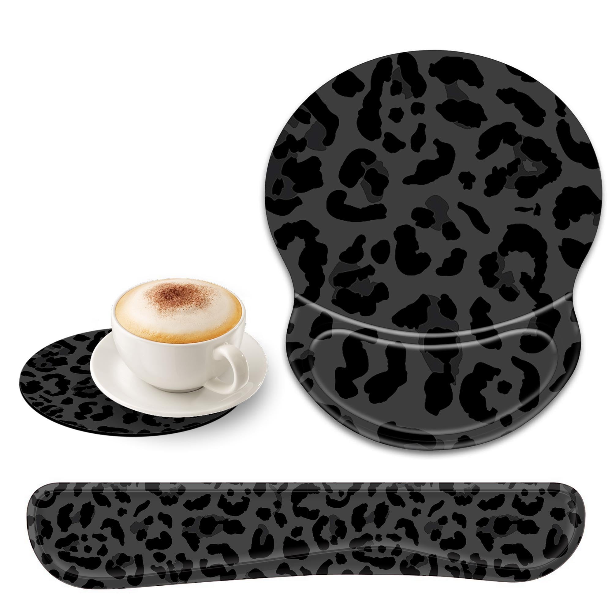 Ergonomic Gel Mouse Wrist Rest Pad and Keyboard Pad Set,Anti-Slip PU Bottom Easy Typing and Relieve Wrist Pain with Cute Coaster Set (3-Black Leopard Print)