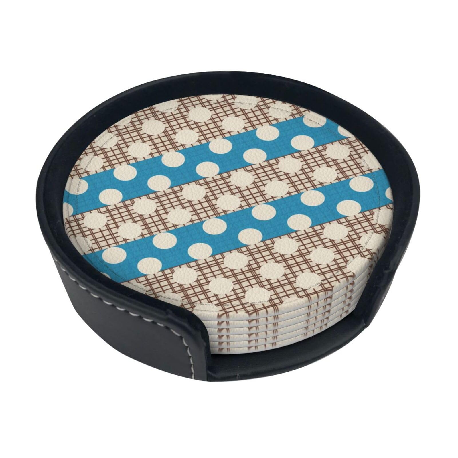 Cntdbu White Dot Plaid Stripe Leather Coasters Set Of 6-Pu Leather Drink Mats For Table, Heat Resistant Round Coasters With Holder
