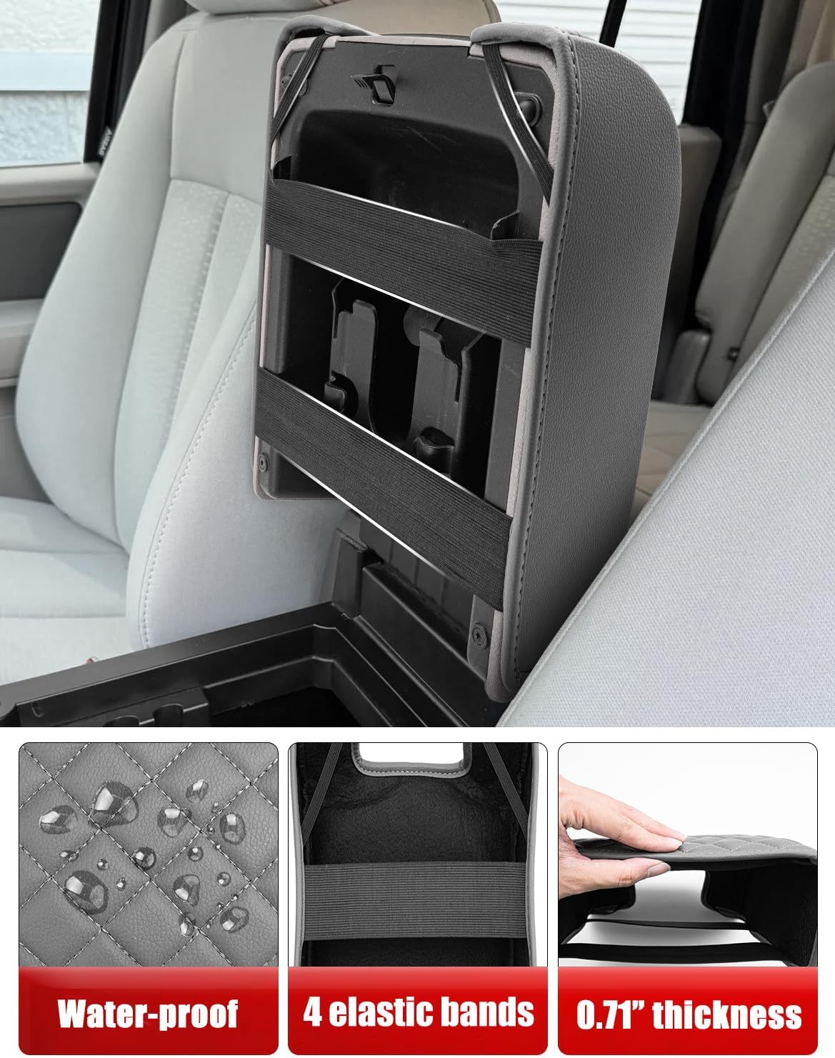 KBH Center Console Armrest Cover for F150 2004-2014, Ford Expedition 2007-2017, Lincoln Mark LT 2006-2008, Middle Console Protector, Vinyl Leather Trim, Gray (Fits Bucket Seat Console Only)