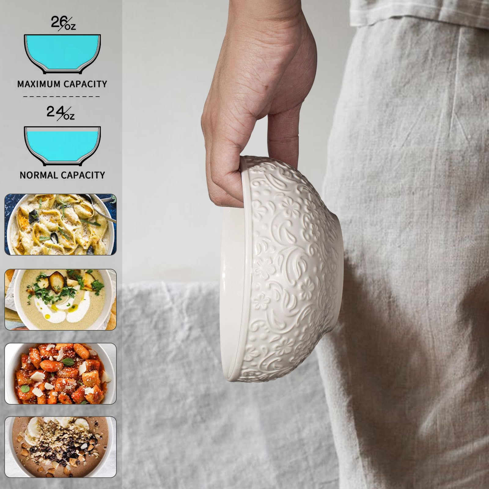 Artena Lot De 4 Bols à Soupe De 946 Ml, Bols à Céréales En Céramique Gaufrée, Bols à Salade Blancs De 16 Cm, Grands Bols à Dîner Pour Pho, Nouilles, Pâtes, Collation