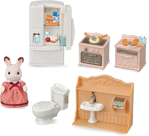 Calico Critters Juego de muebles de juguete para principiantes, juego de muebles y accesorios para casa de muñecas con figura coleccionable incluida