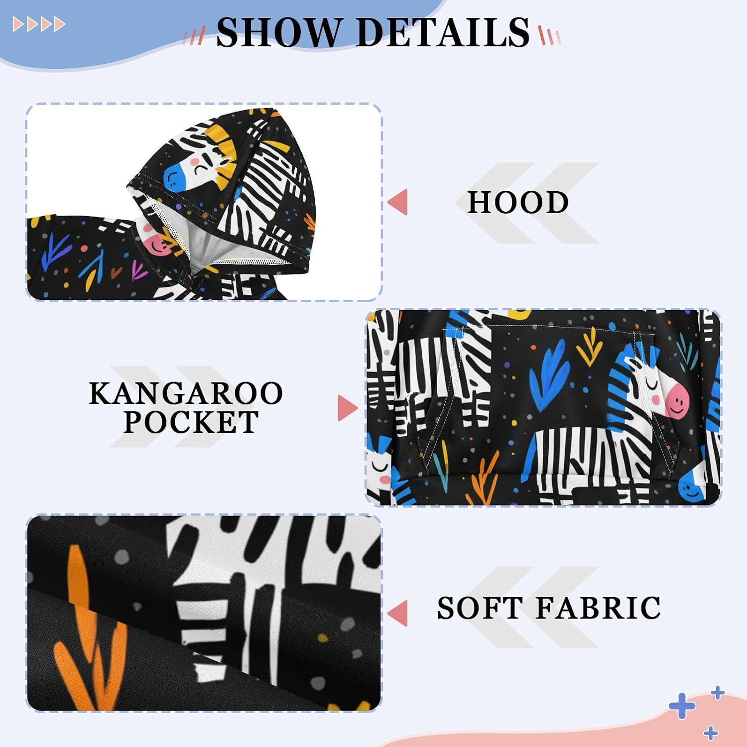 ZZXXB Cute Zebra Kids Sweatshirts Boys Girls Hooded Kangaroo Pocket Pullover Tops XS-XXL