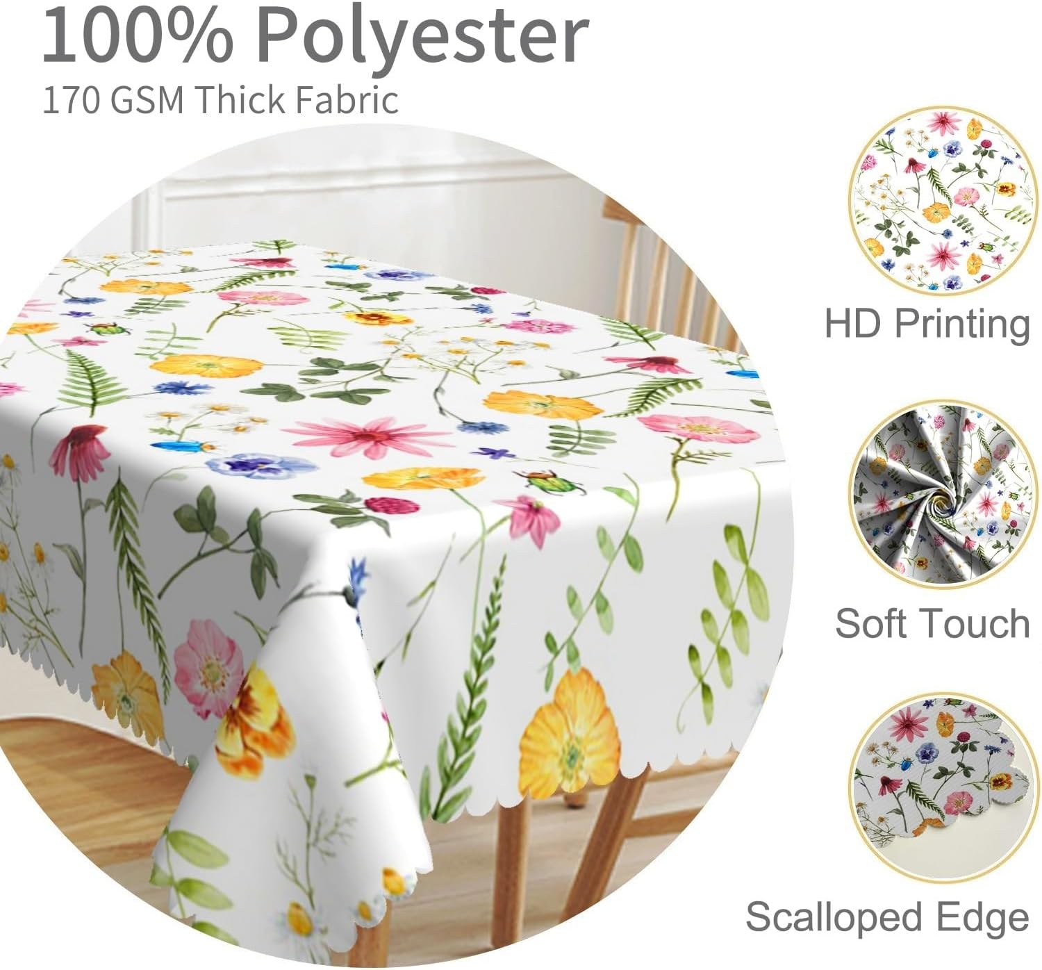 70x70inches Spring Floral Square Tablecloth Colorful Wild Flowers with Green Leaves Decorative Table Cloth Spillproof Table Cover for Dinning Room Kitchen Picnic Indoor Outdoor Party Decor