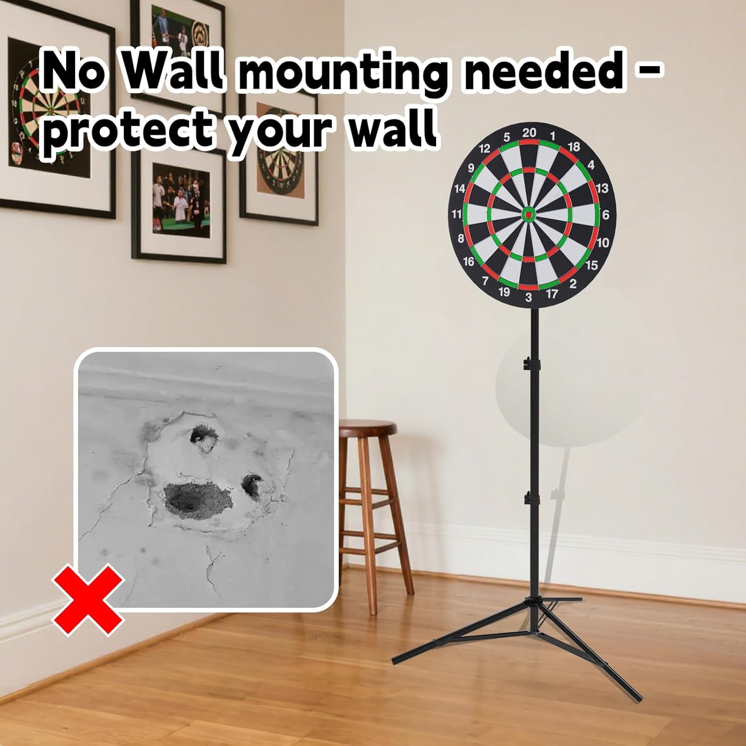 Bersaglio per freccette con supporto, 86-188 cm, regolabile in altezza, bersaglio da 46 cm, robusto tre piedi, design portatile con 6 freccette per viaggi, casa, pub o giochi all'aperto