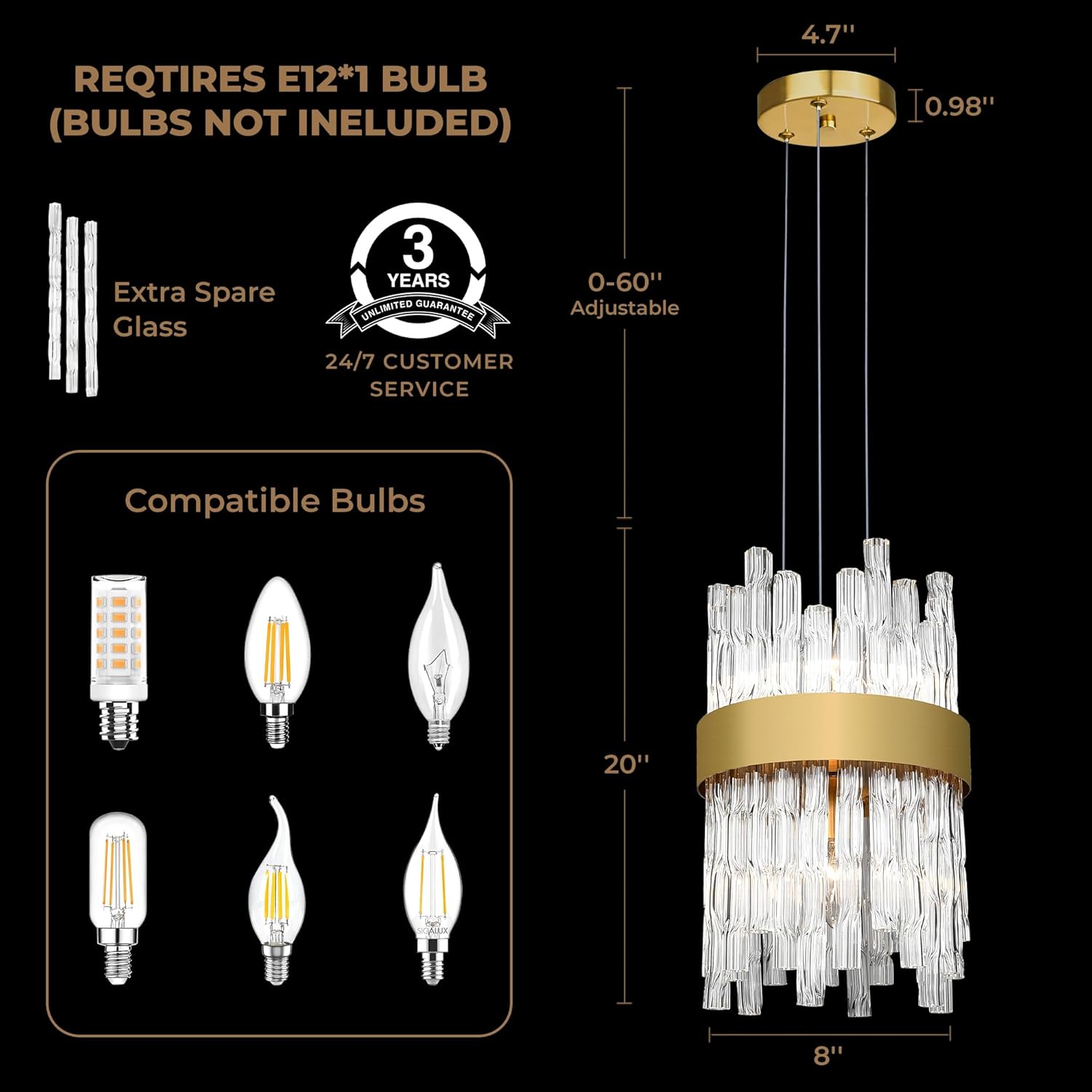 Modern Gold Pendant Light, Elegant Water Ripple Glass Shade, Height Adjustable Kitchen Island Chandelier for Dining Table, Bedroom