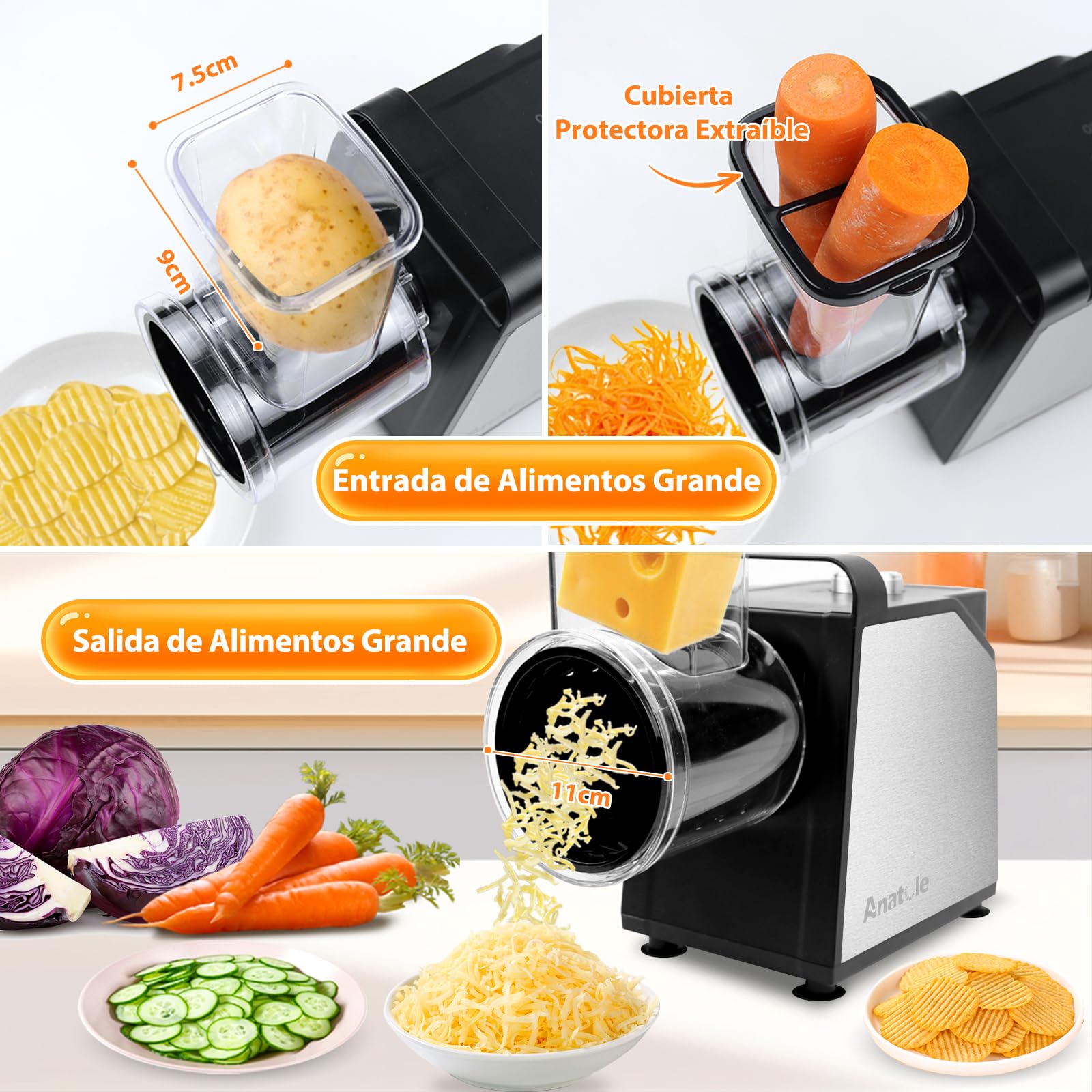 Anatole Cortador de Verduras Eléctrico Picadora de Hielo 7 Cuchillas Rallador de Queso Acero Inoxidable 250W Gran Calibre Mandolina de Cocina Multifuncional 220V Enchufe UE