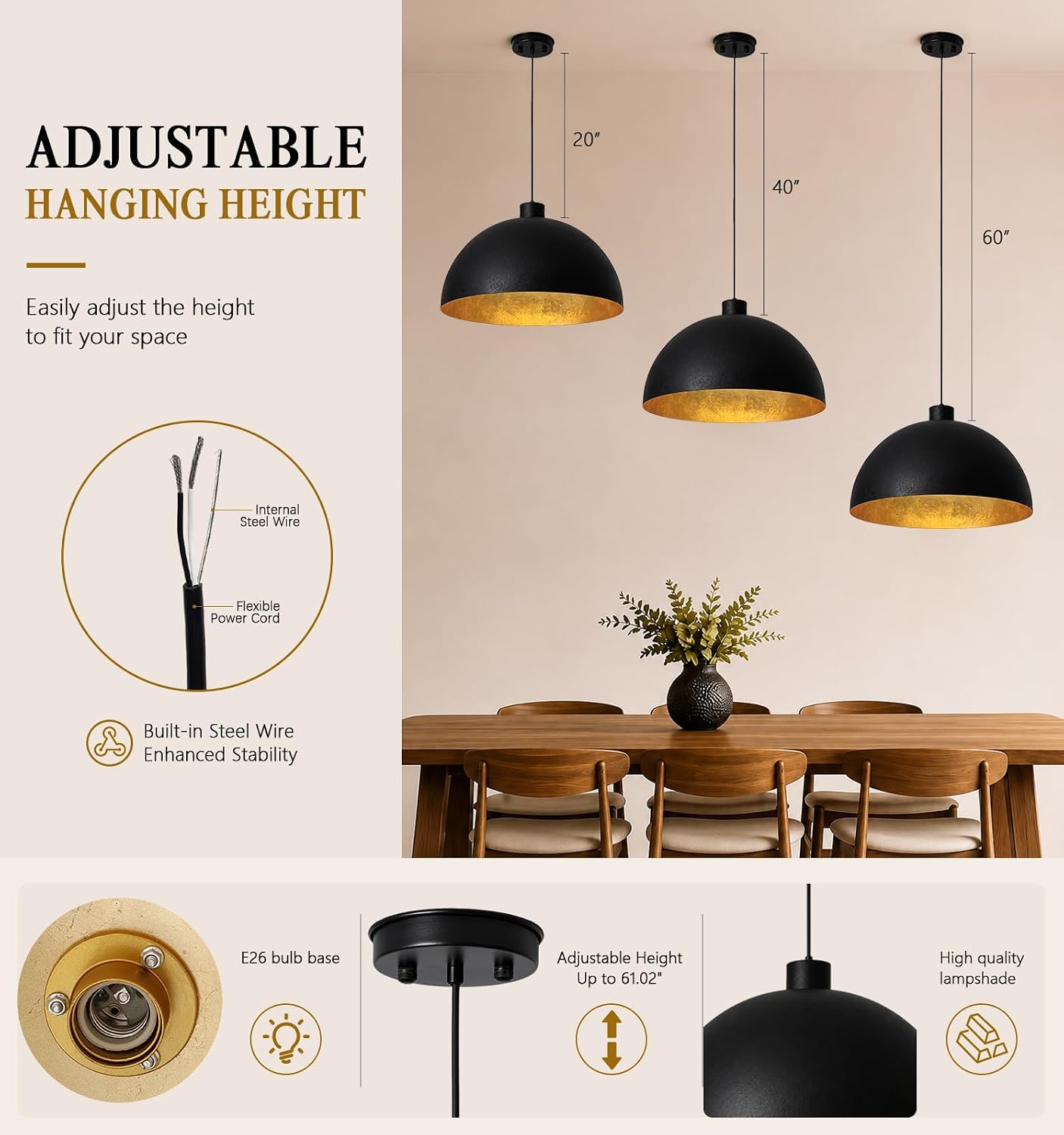 20" Large Black Dome Pendant Light with Gold Leaf Interior thumbnail