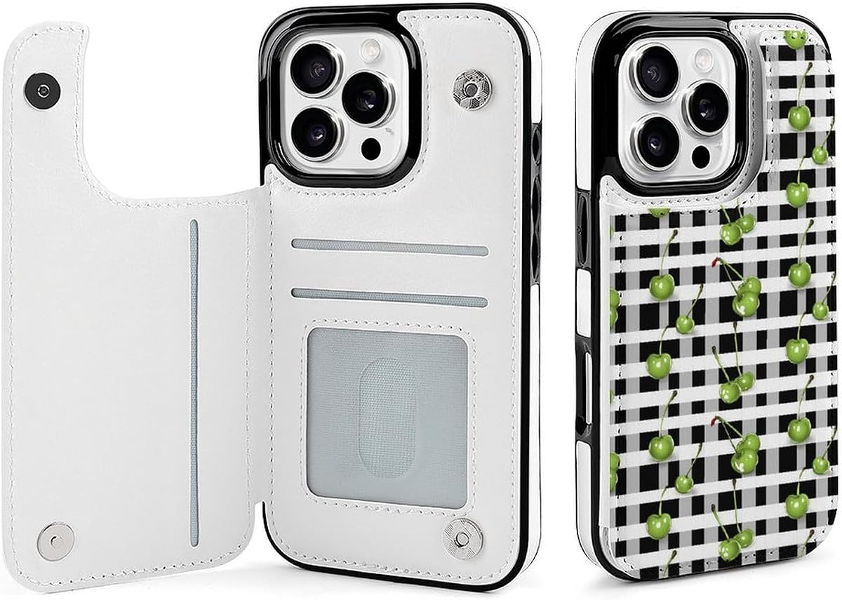 Funda con tapa para teléfono con diseño de cerezas verdes, color negro y blanco, compatible con iPhone 16/16 Plus/16 Pro/16 Pro Max /16 E/16 SE4 con función atril y ranuras para tarjetas