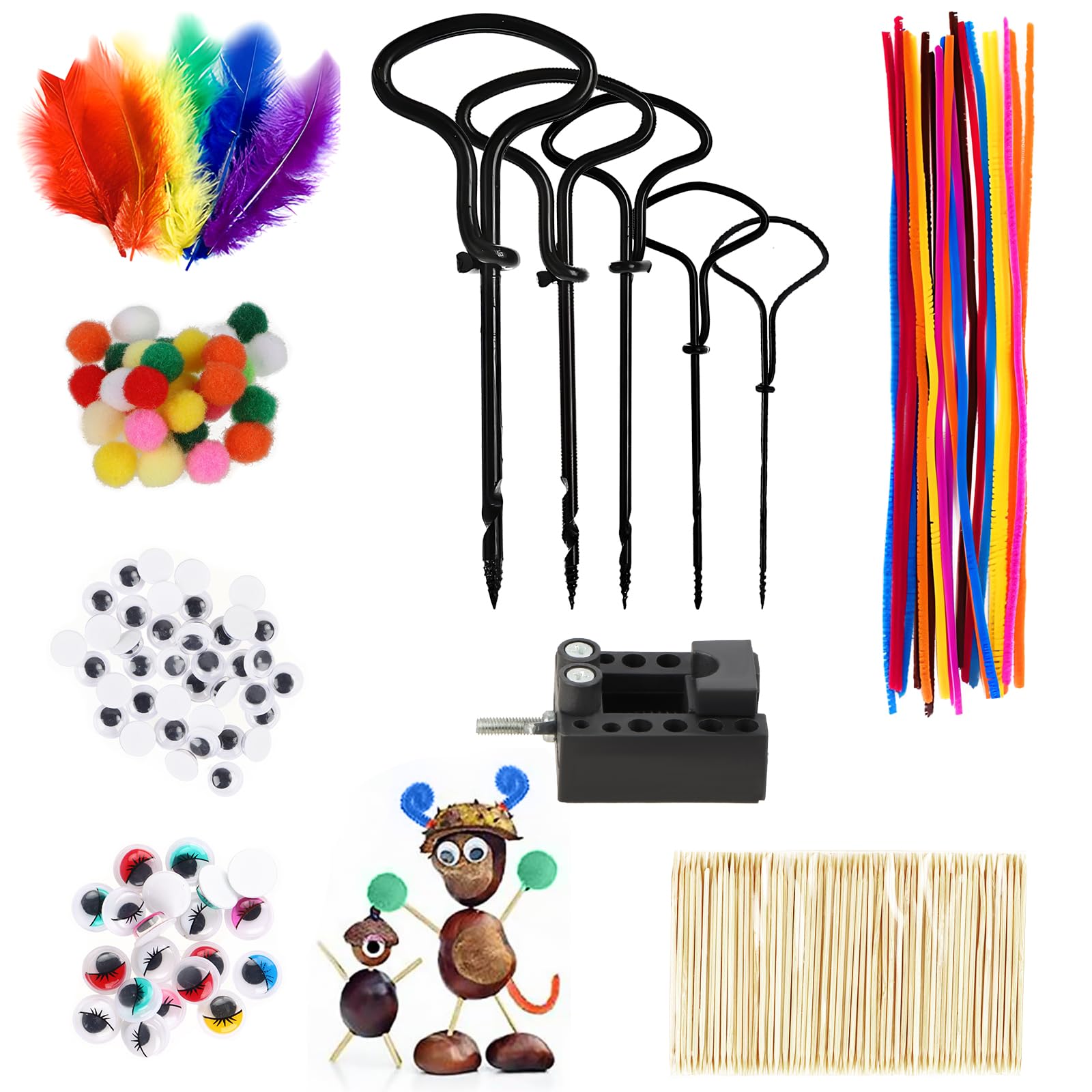 Kastanienbohrer Set 346-tlg – Mit 5 Bohrern, Zahnstochern, Augen, Federn & Mehr Für Herbst-Basteln Mit Kindern